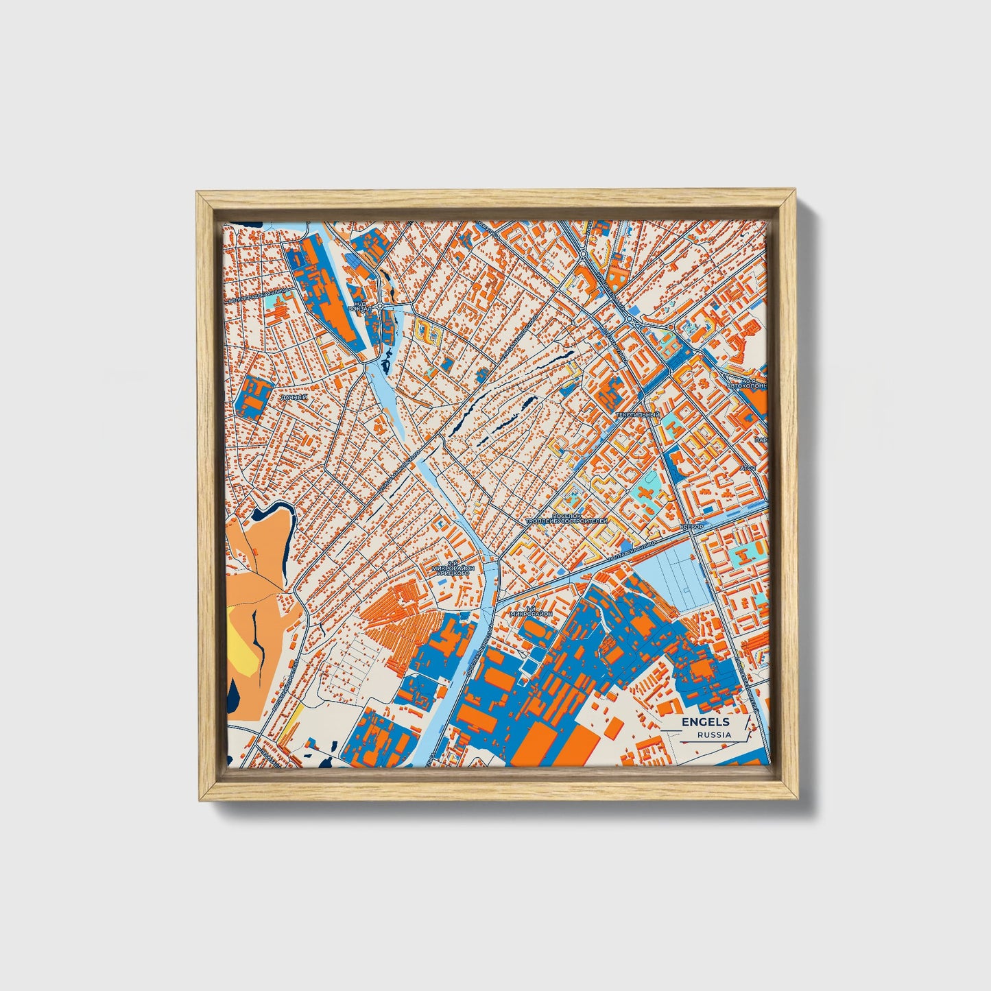 Энгельс Russia Colorful City Map Canvas Print • Natural Wooden Framed