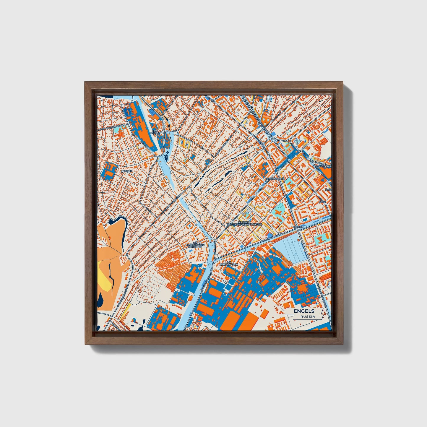 Энгельс Russia Colorful City Map Canvas Print • Dark Wooden Framed