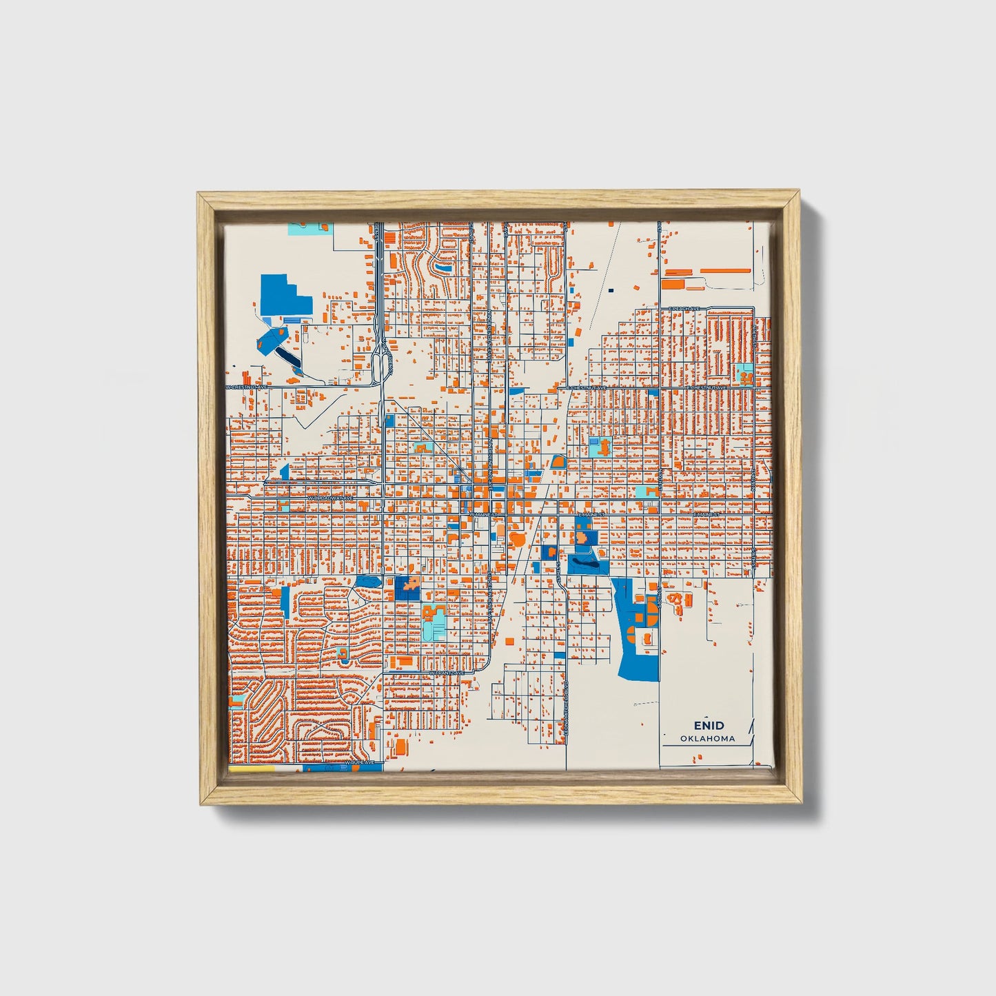 Enid Oklahoma Colorful City Map Canvas Print • Natural Wooden Framed