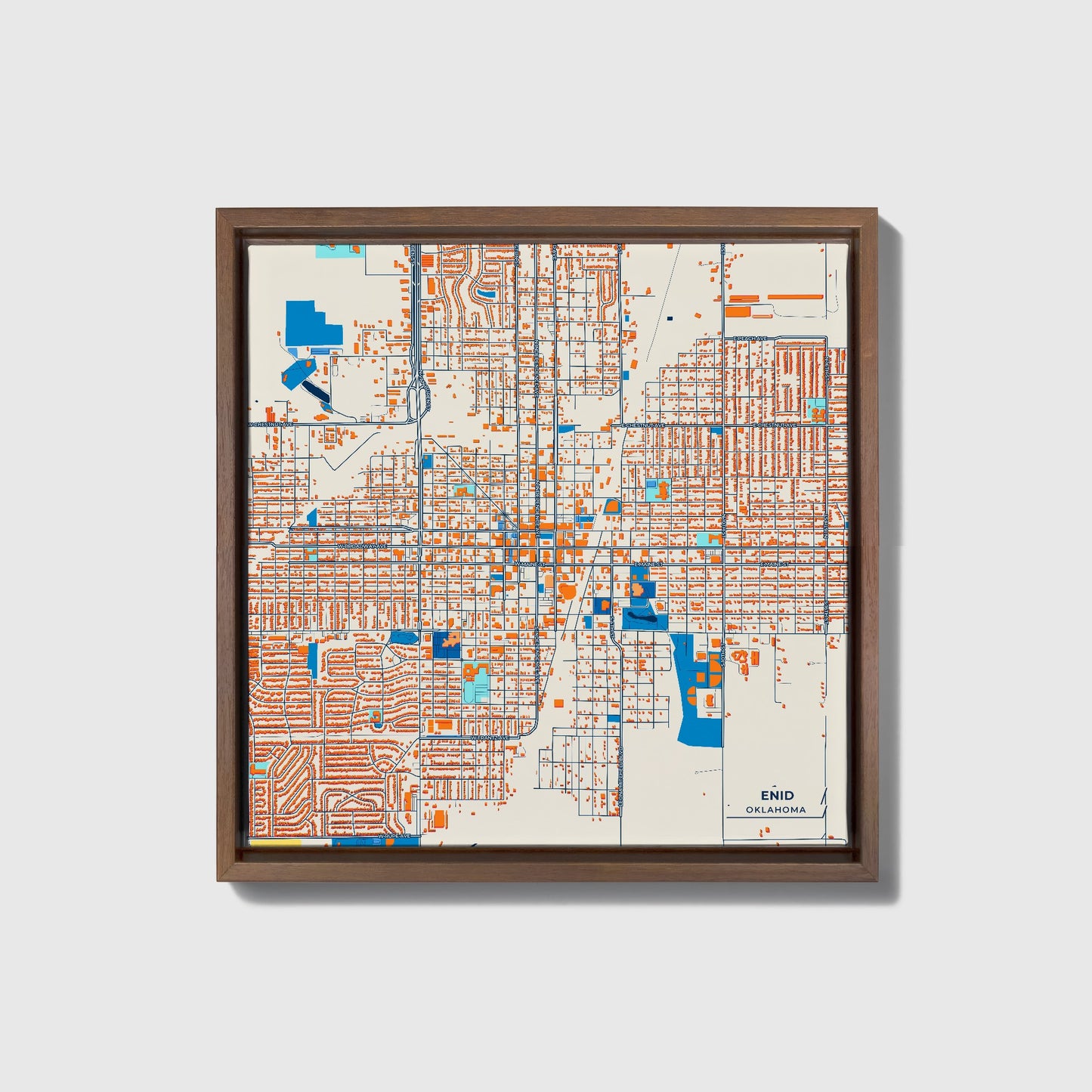 Enid Oklahoma Colorful City Map Canvas Print • Dark Wooden Framed