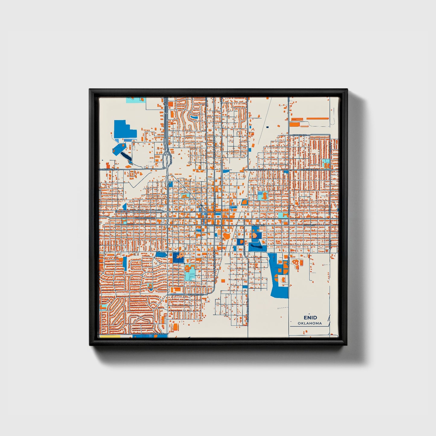 Enid Oklahoma Colorful City Map Canvas Print • Black Framed