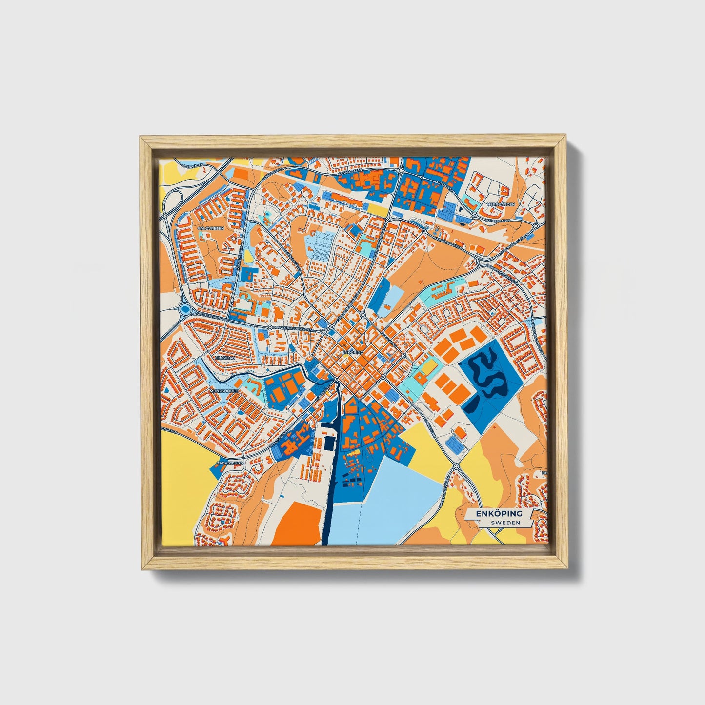 Enköping Sweden Colorful City Map Canvas Print • Natural Wooden Framed