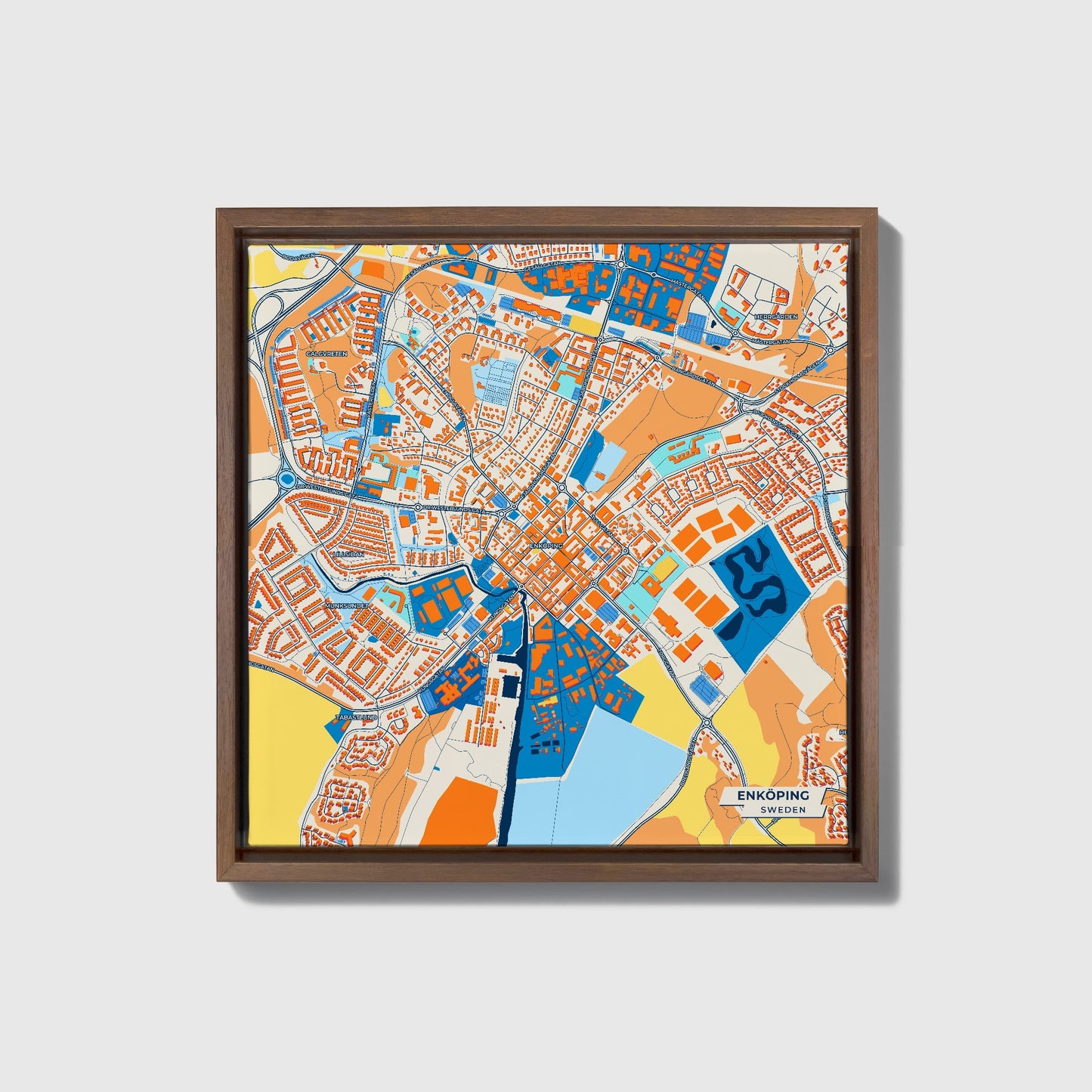 Enköping Sweden Colorful City Map Canvas Print • Dark Wooden Framed