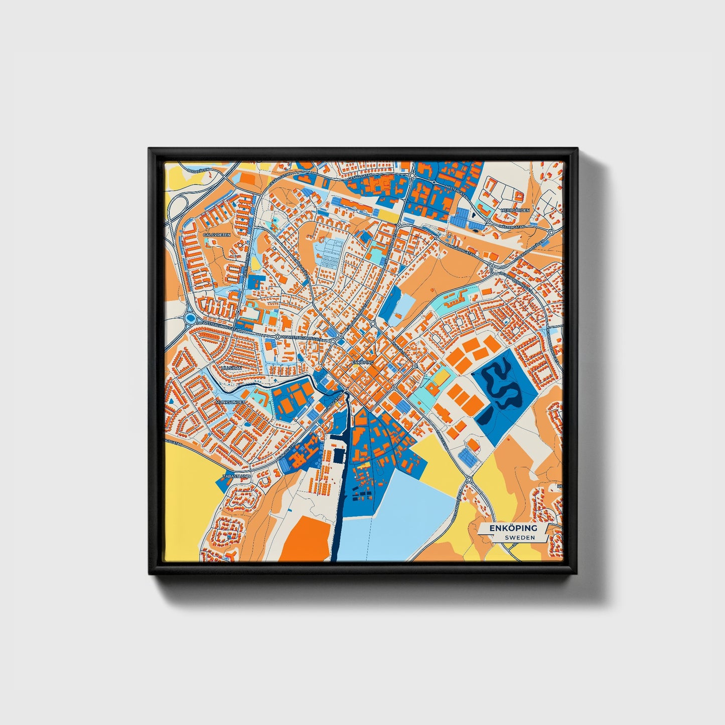 Enköping Sweden Colorful City Map Canvas Print • Black Framed