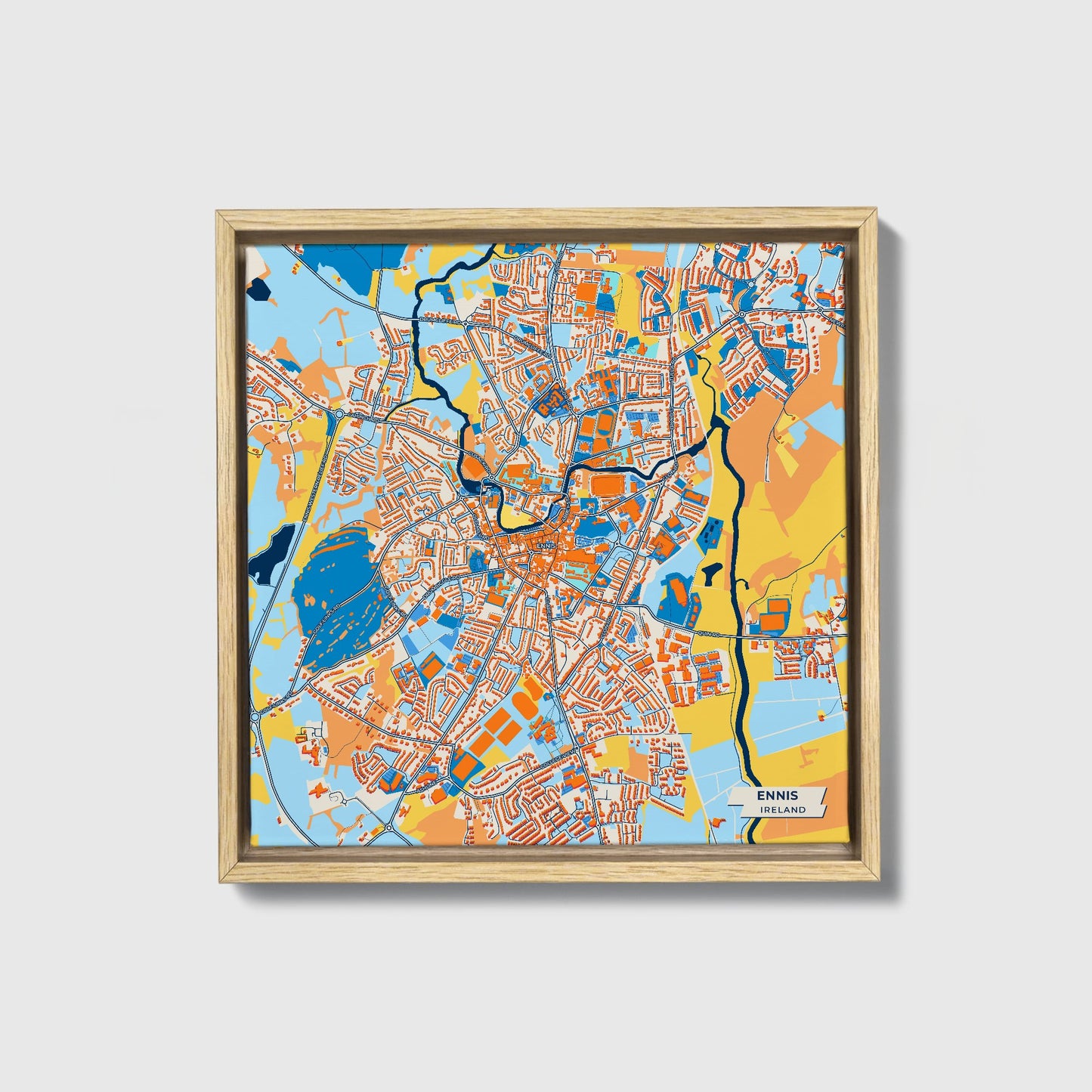 Ennis Ireland Colorful City Map Canvas Print • Natural Wooden Framed