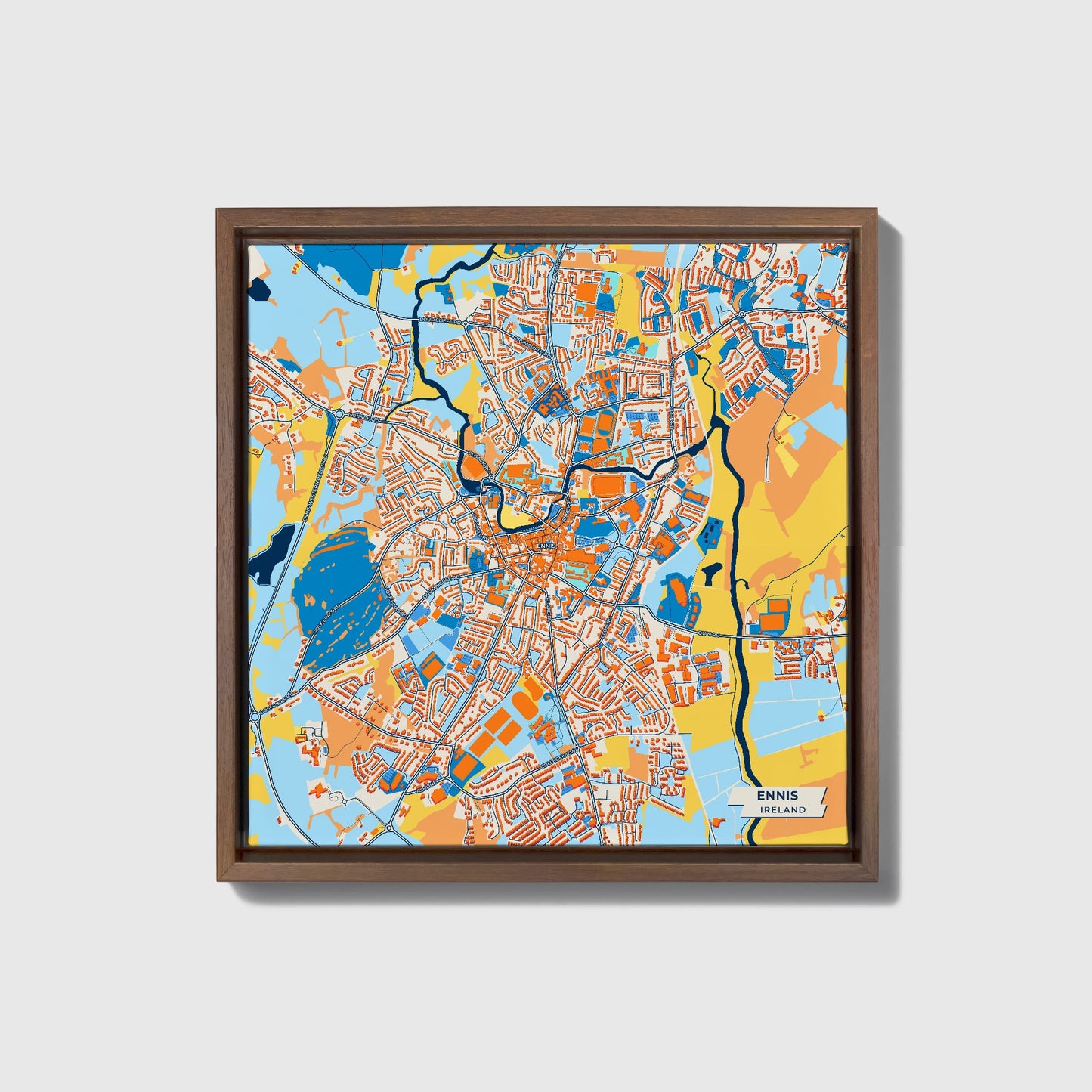 Ennis Ireland Colorful City Map Canvas Print • Dark Wooden Framed