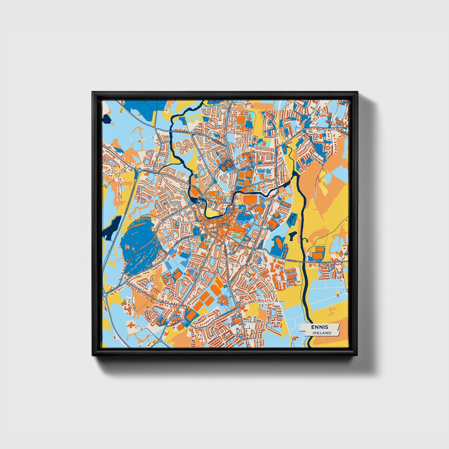 Ennis Ireland Colorful City Map Canvas Print • Black Framed