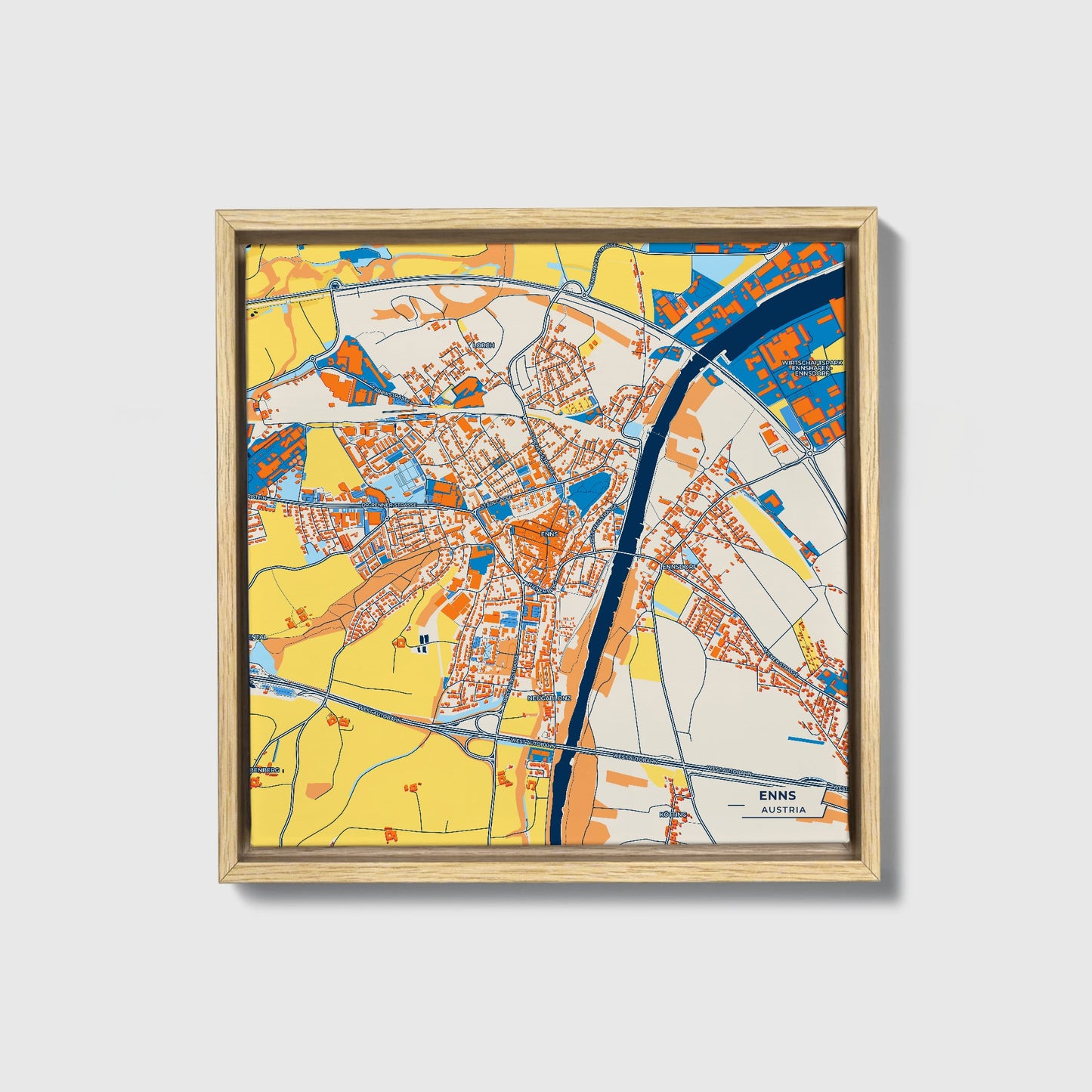 Enns Austria Colorful City Map Canvas Print • Natural Wooden Framed