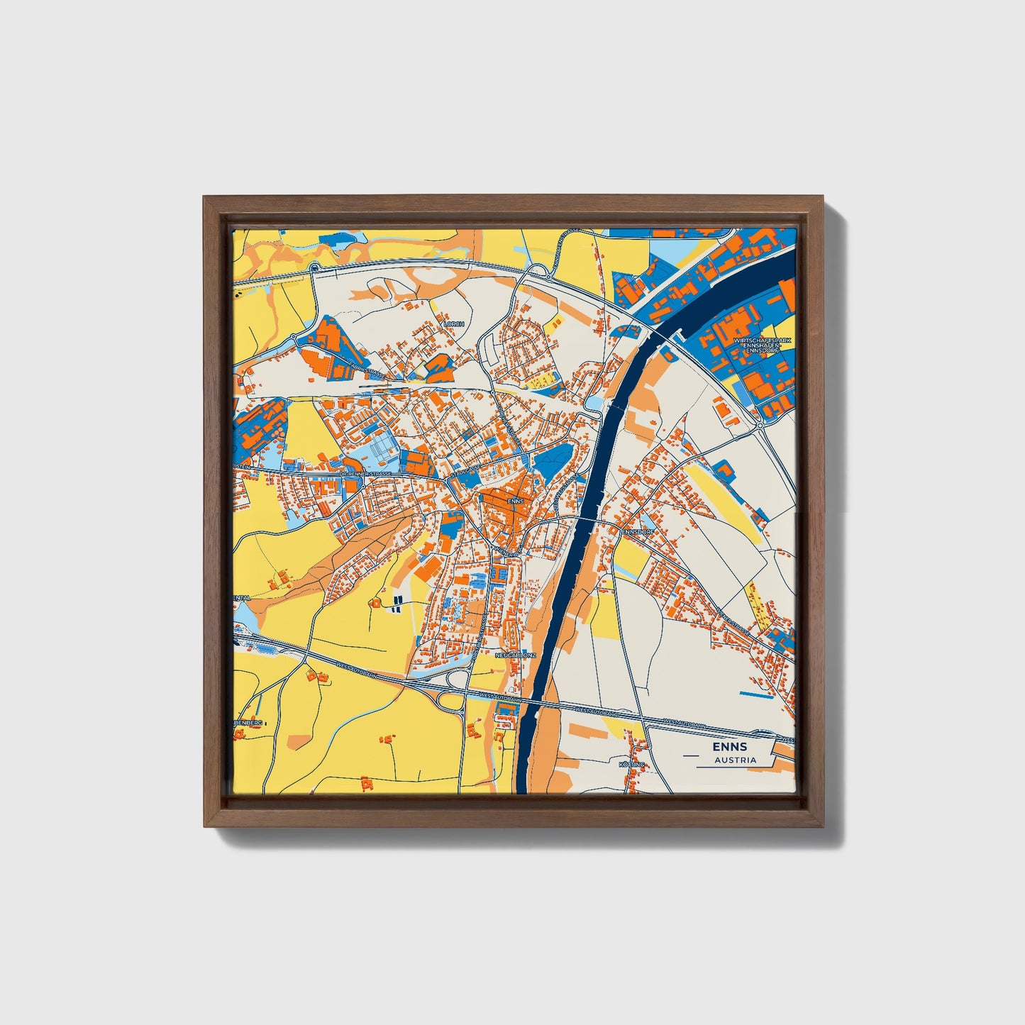 Enns Austria Colorful City Map Canvas Print • Dark Wooden Framed