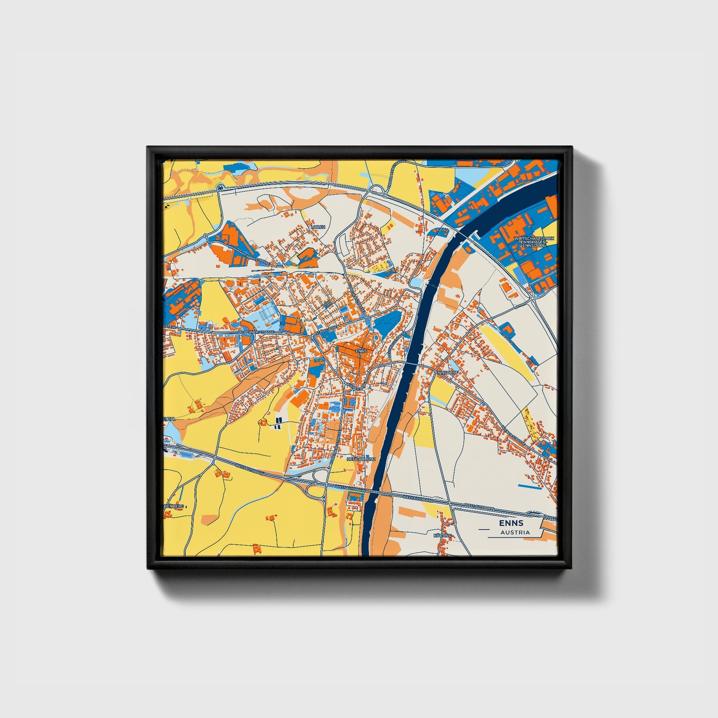 Enns Austria Colorful City Map Canvas Print • Black Framed