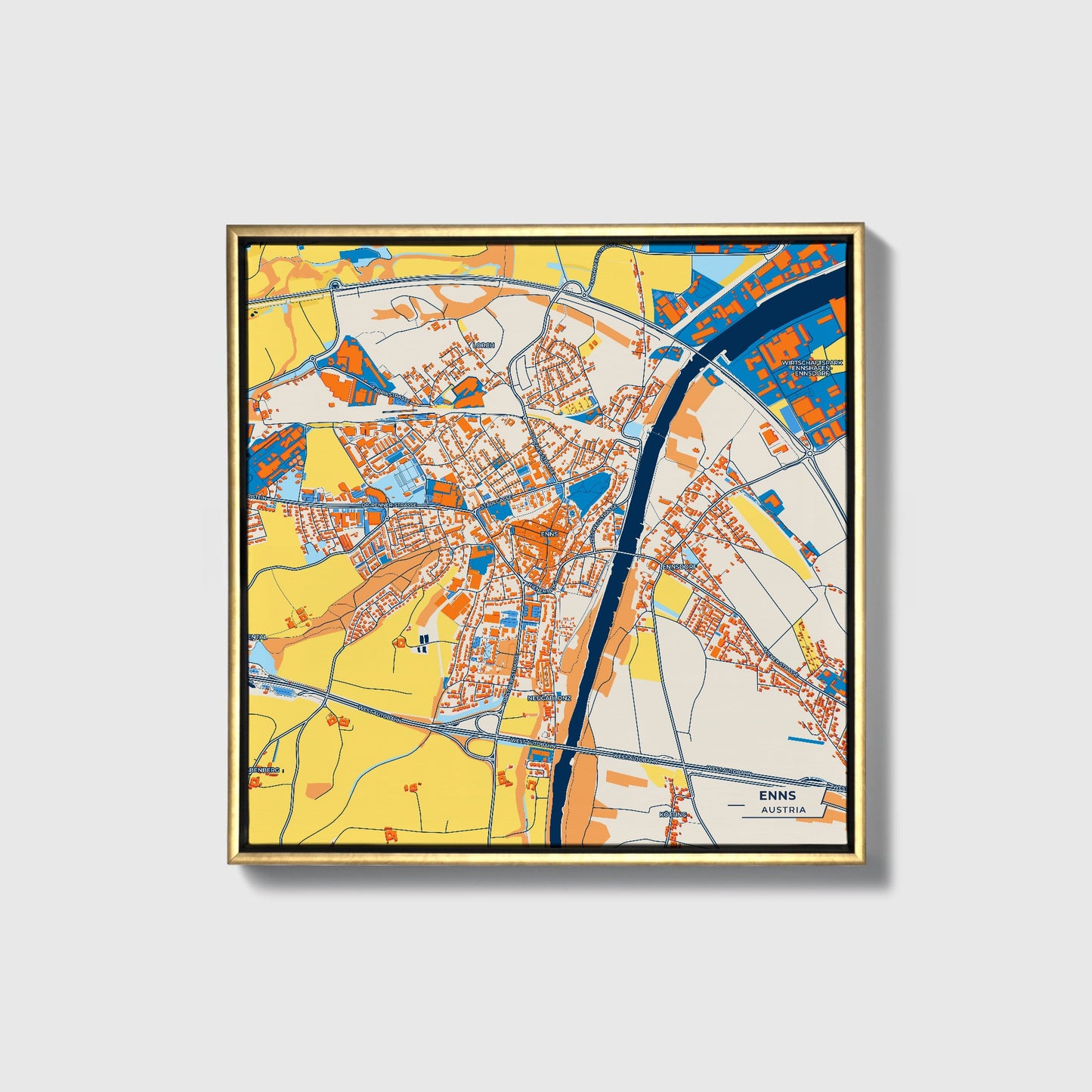 Enns Austria Colorful City Map Canvas Print • Gold Framed