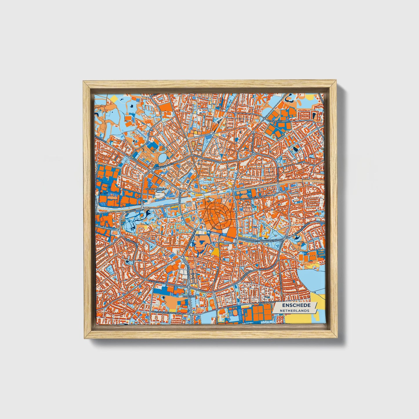 Enschede Netherlands Colorful City Map Canvas Print • Natural Wooden Framed
