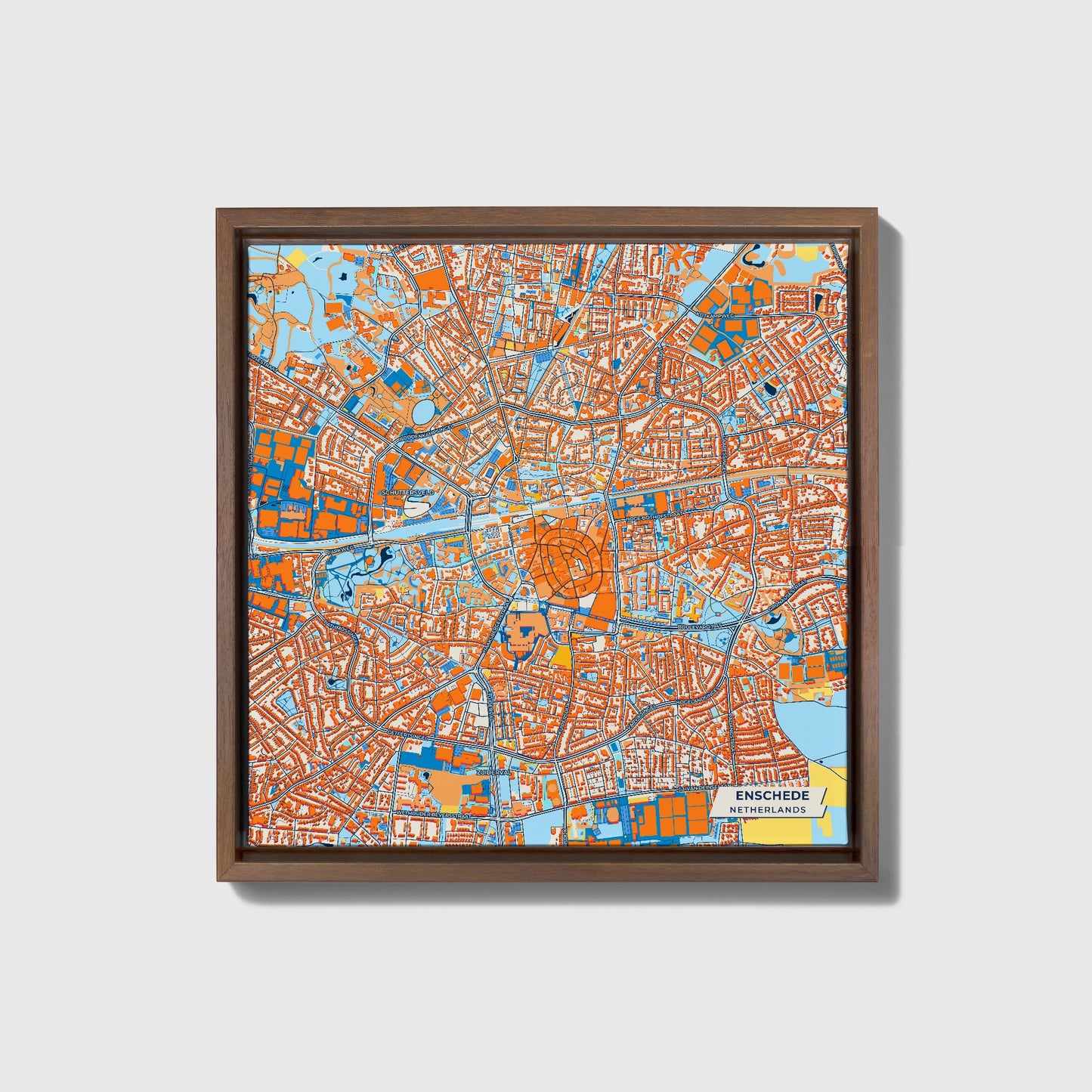 Enschede Netherlands Colorful City Map Canvas Print • Dark Wooden Framed