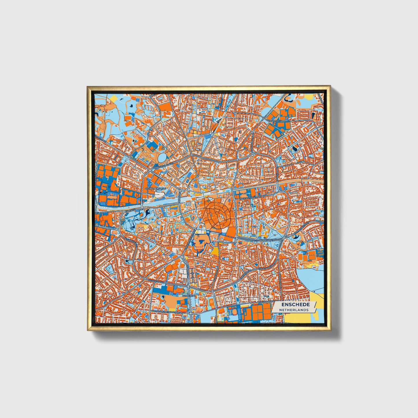 Enschede Netherlands Colorful City Map Canvas Print • Gold Framed