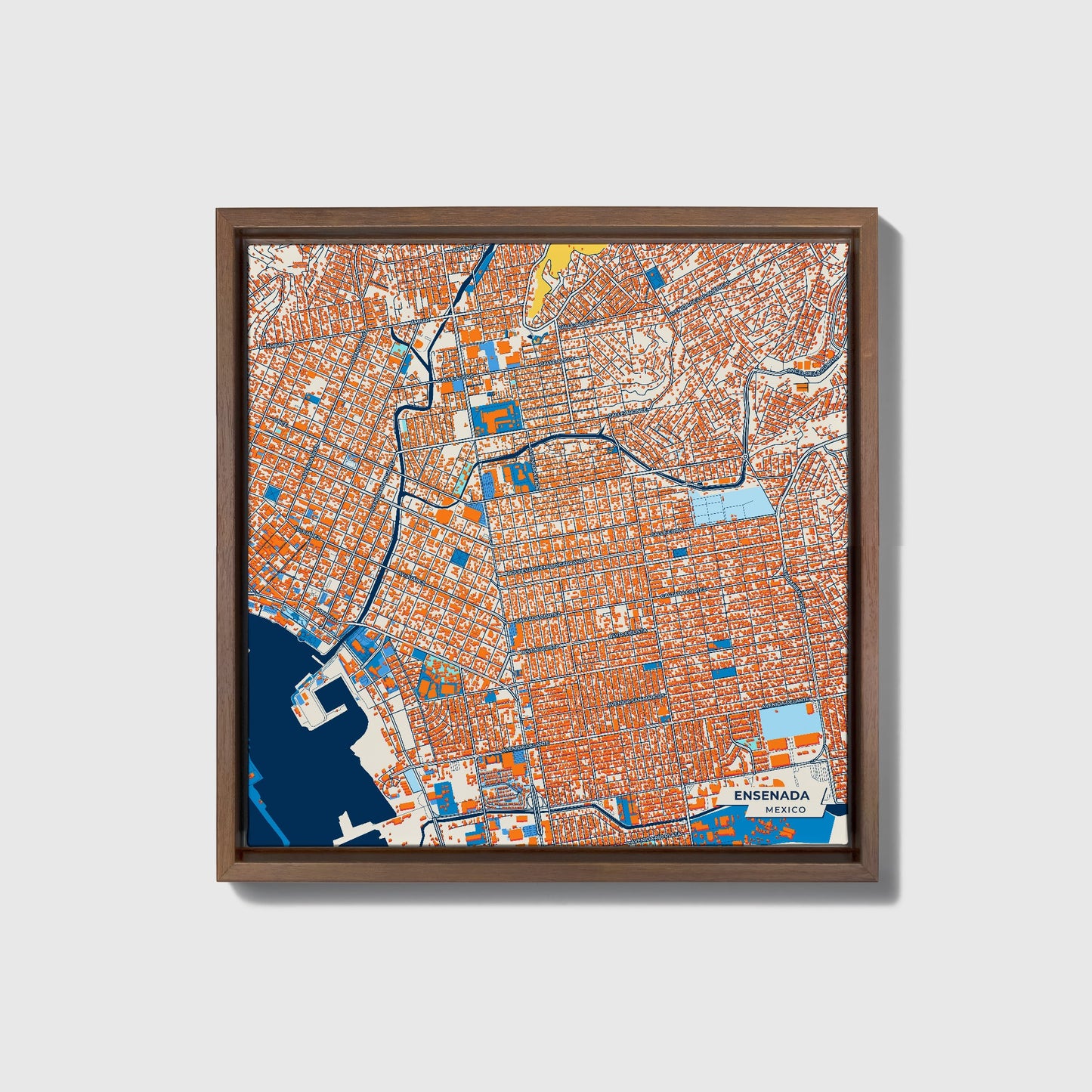 Ensenada Mexico Colorful City Map Canvas Print • Dark Wooden Framed