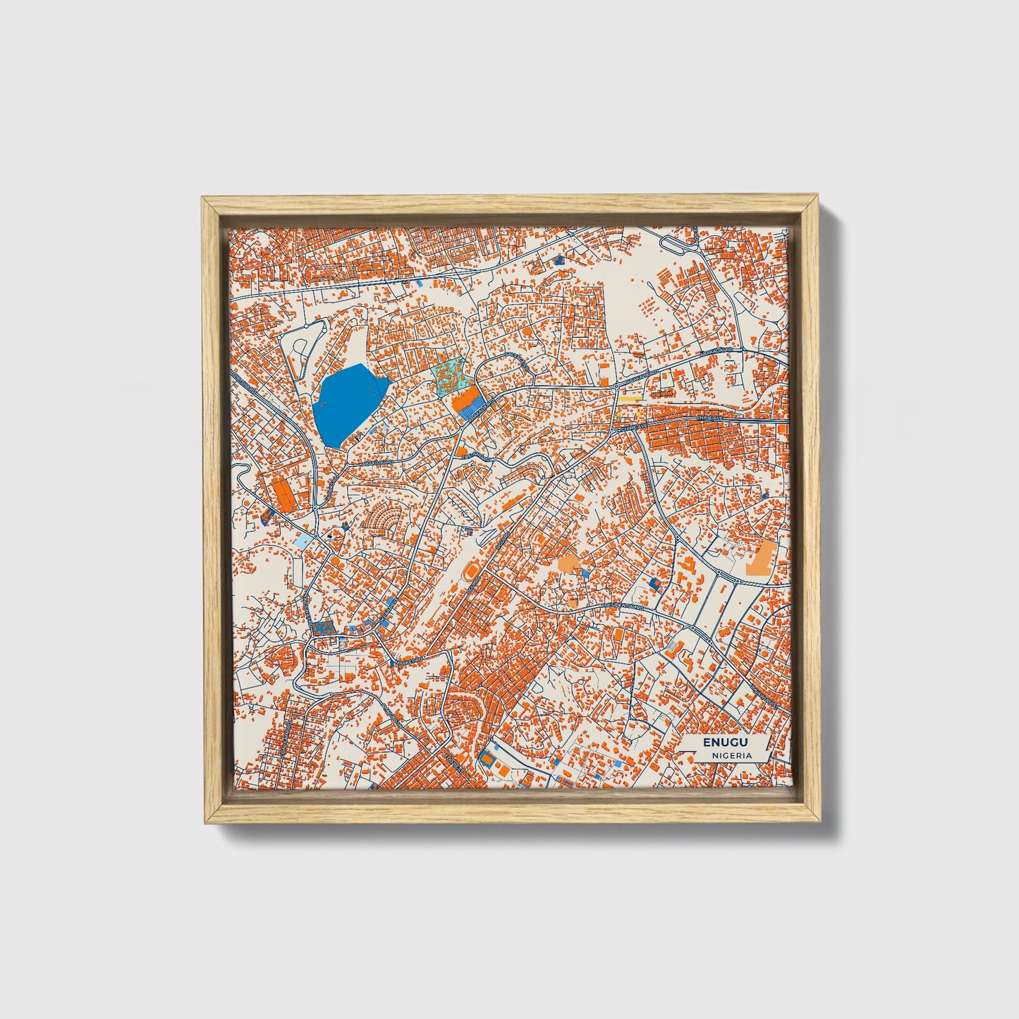 Enugu Nigeria Colorful City Map Canvas Print • Natural Wooden Framed