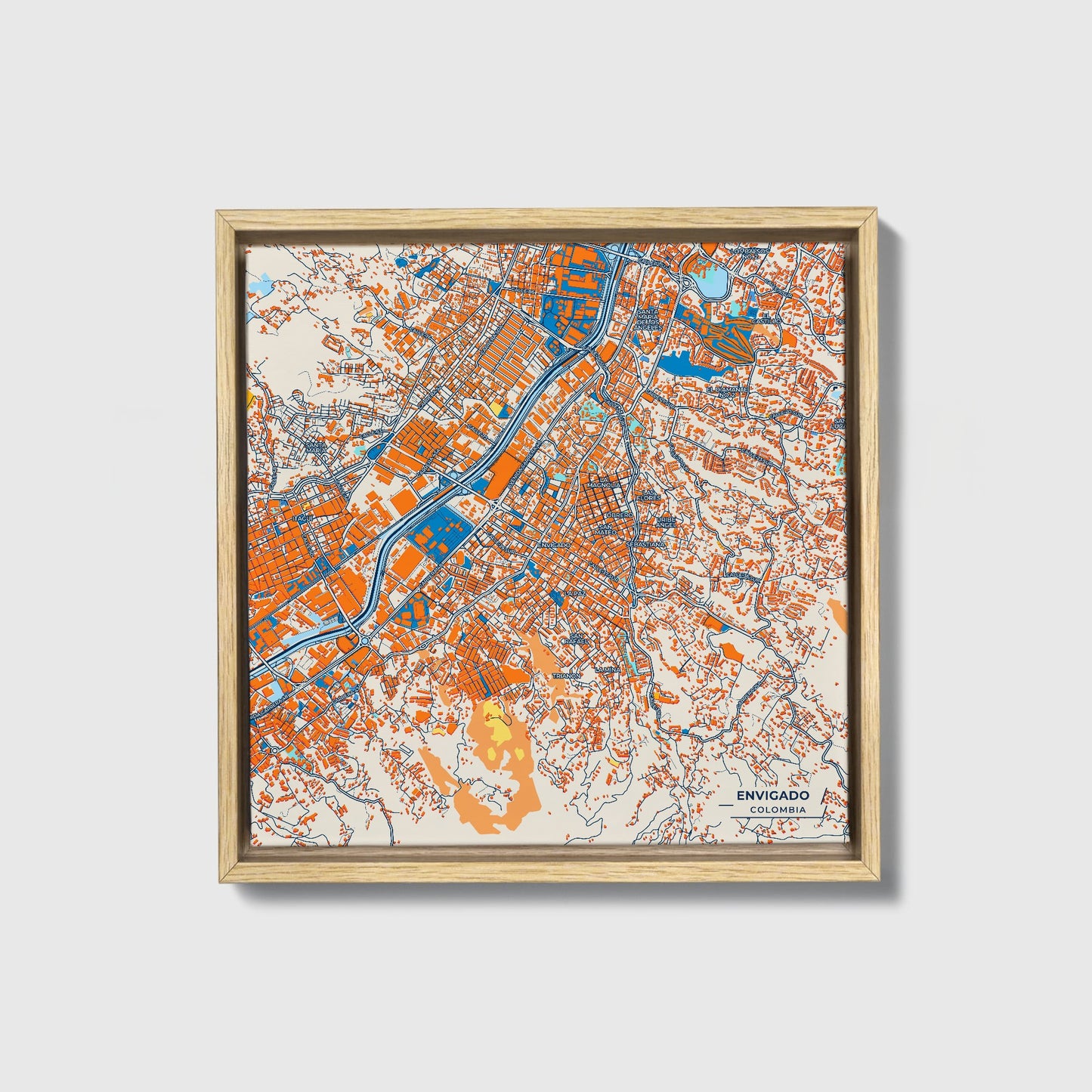 Envigado Colombia Colorful City Map Canvas Print • Natural Wooden Framed