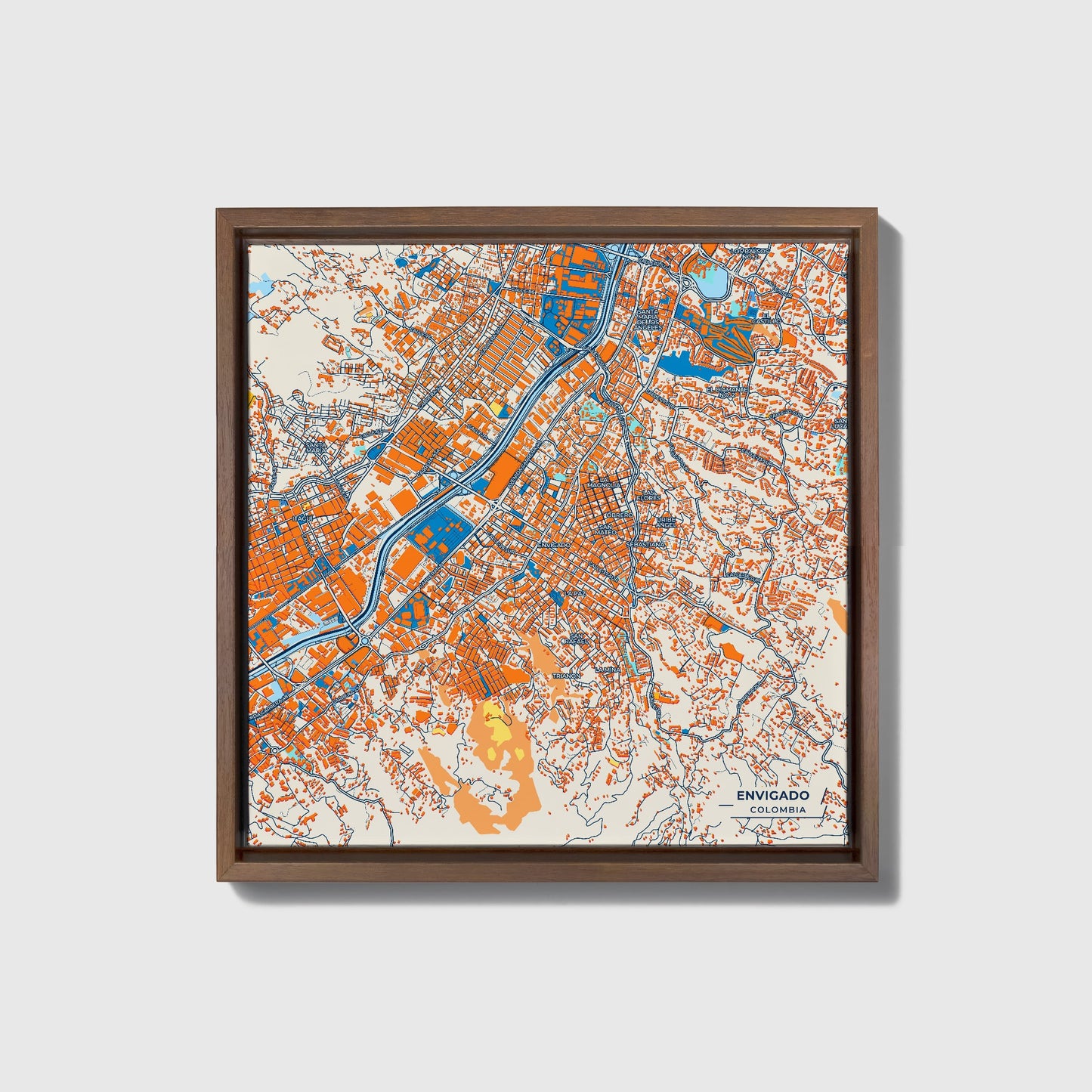 Envigado Colombia Colorful City Map Canvas Print • Dark Wooden Framed