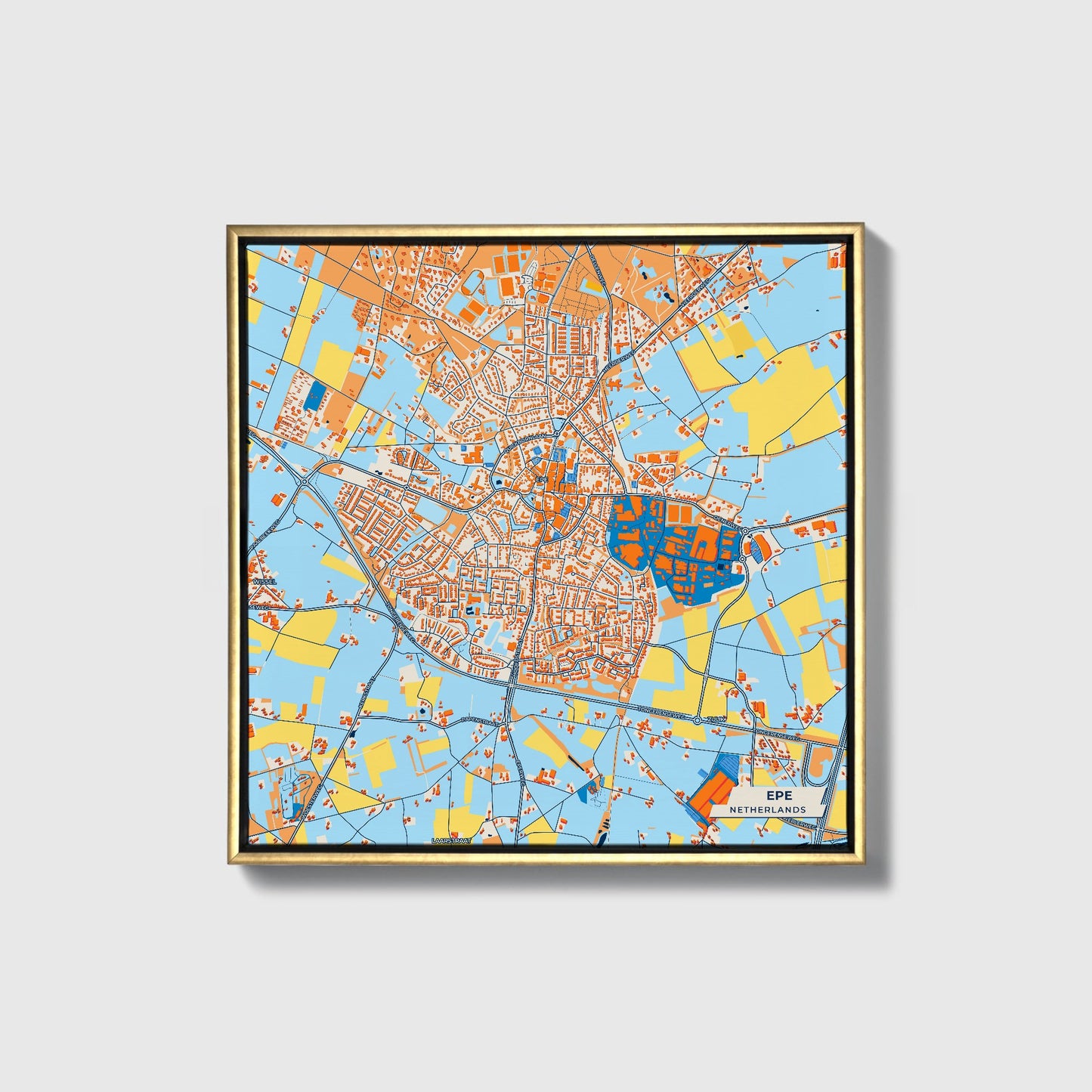 Epe Netherlands Colorful City Map Canvas Print • Gold Framed