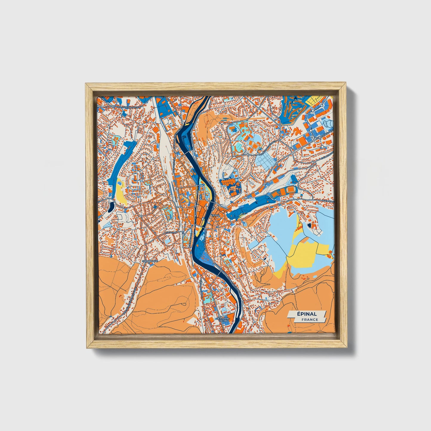 Épinal France Colorful City Map Canvas Print • Natural Wooden Framed