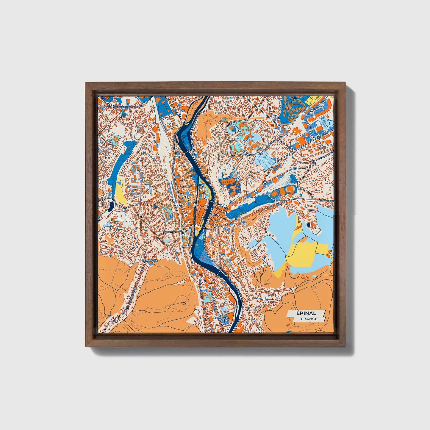Épinal France Colorful City Map Canvas Print • Dark Wooden Framed