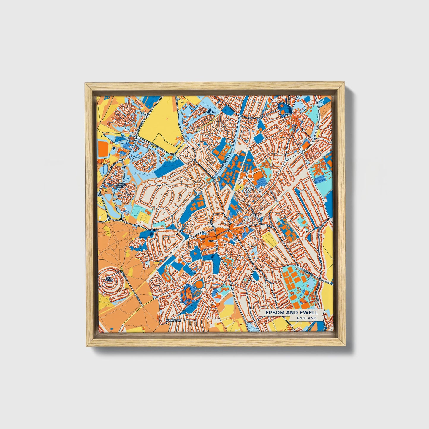 Epsom And Ewell England Colorful City Map Canvas Print • Natural Wooden Framed