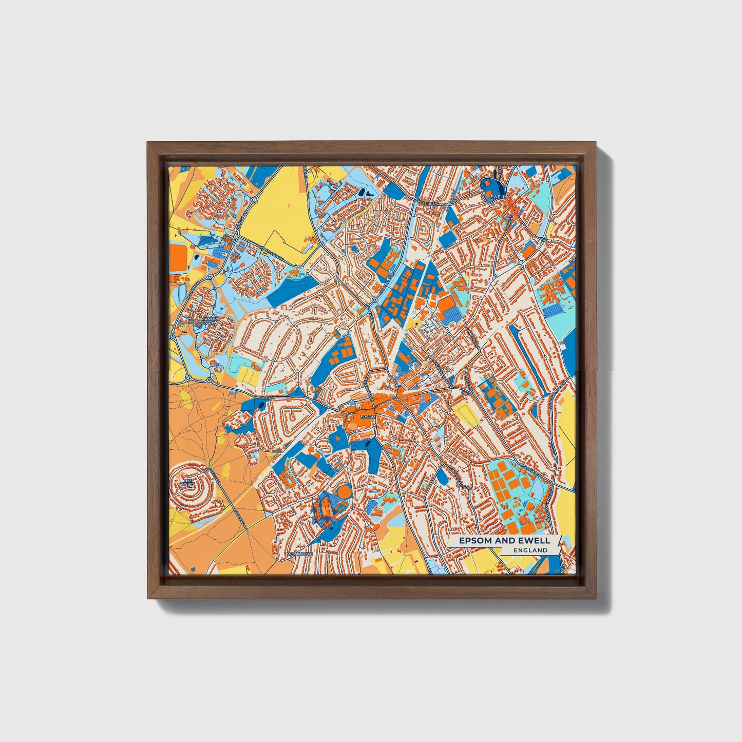 Epsom And Ewell England Colorful City Map Canvas Print • Dark Wooden Framed
