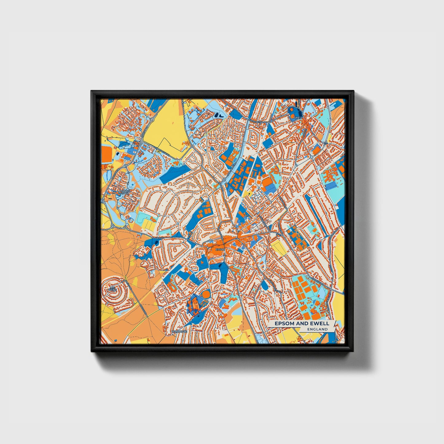 Epsom And Ewell England Colorful City Map Canvas Print • Black Framed