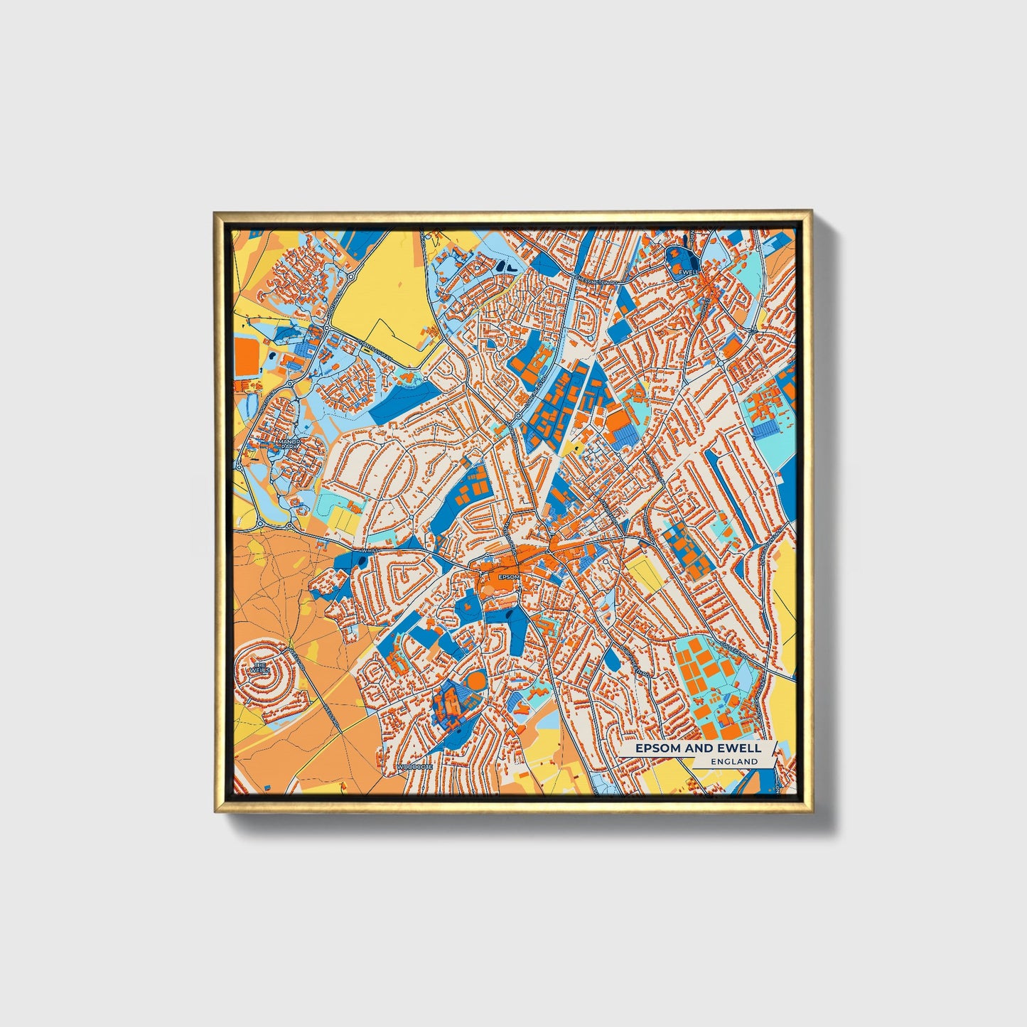 Epsom And Ewell England Colorful City Map Canvas Print • Gold Framed