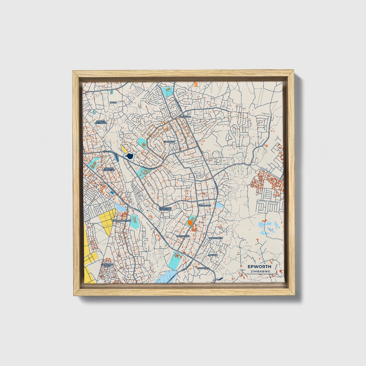 Epworth Zimbabwe Colorful City Map Canvas Print • Natural Wooden Framed