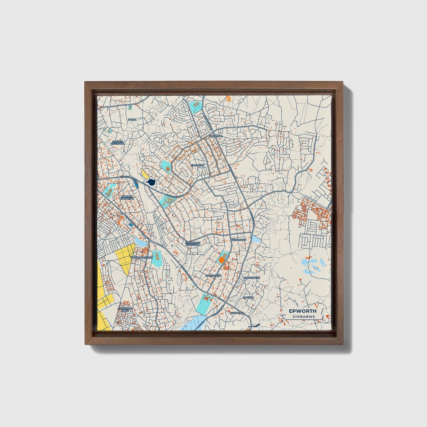 Epworth Zimbabwe Colorful City Map Canvas Print • Dark Wooden Framed
