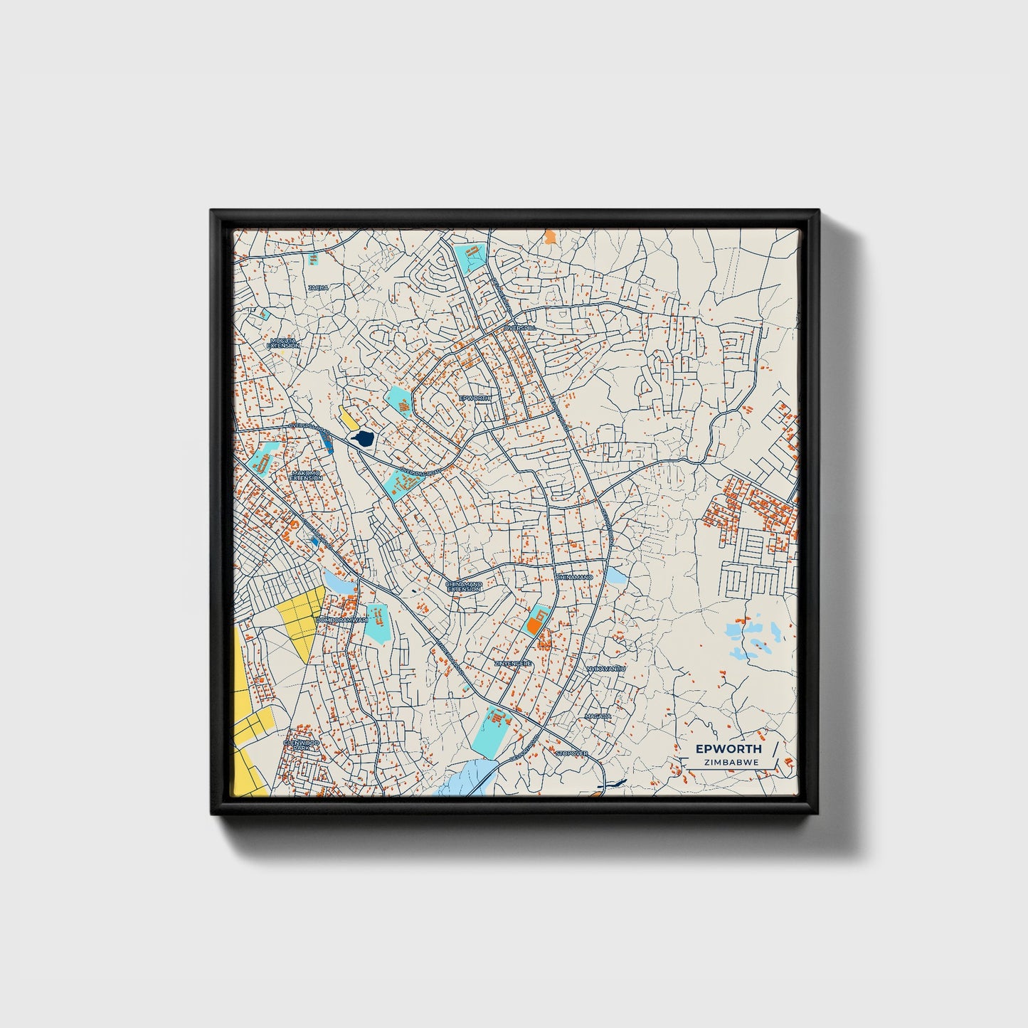 Epworth Zimbabwe Colorful City Map Canvas Print • Black Framed