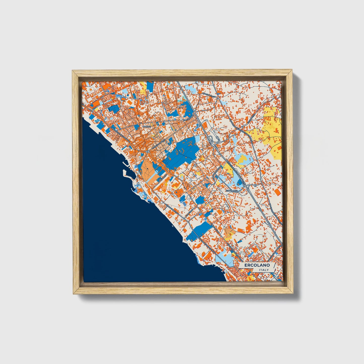 Ercolano Italy Colorful City Map Canvas Print • Natural Wooden Framed