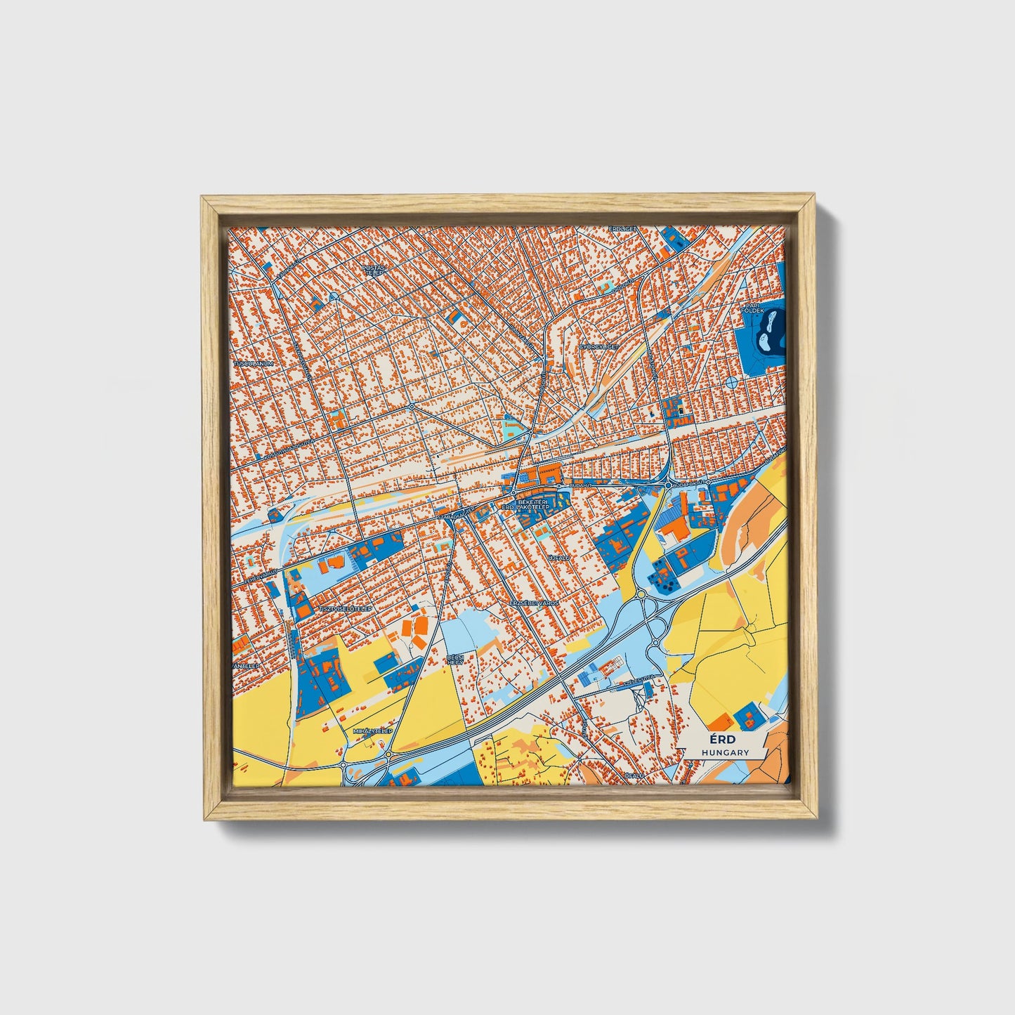 Érd Hungary Colorful City Map Canvas Print • Natural Wooden Framed
