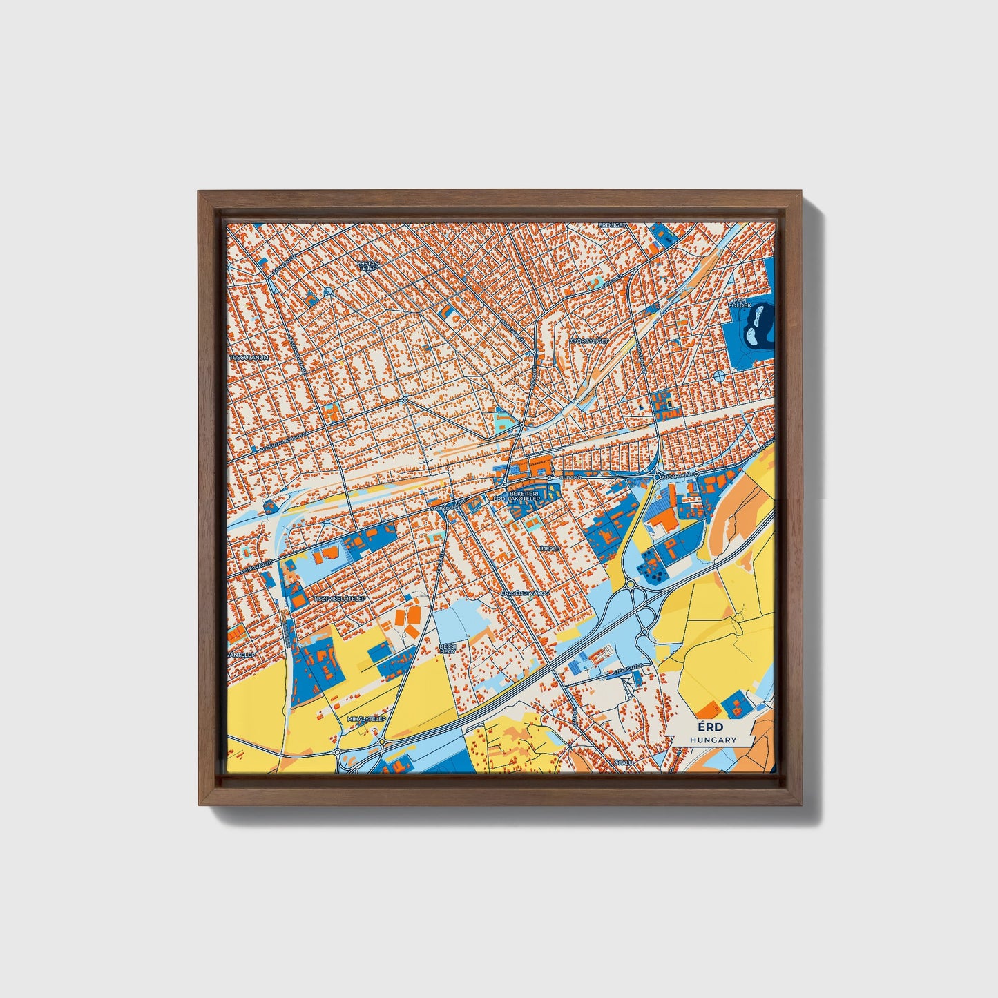 Érd Hungary Colorful City Map Canvas Print • Dark Wooden Framed