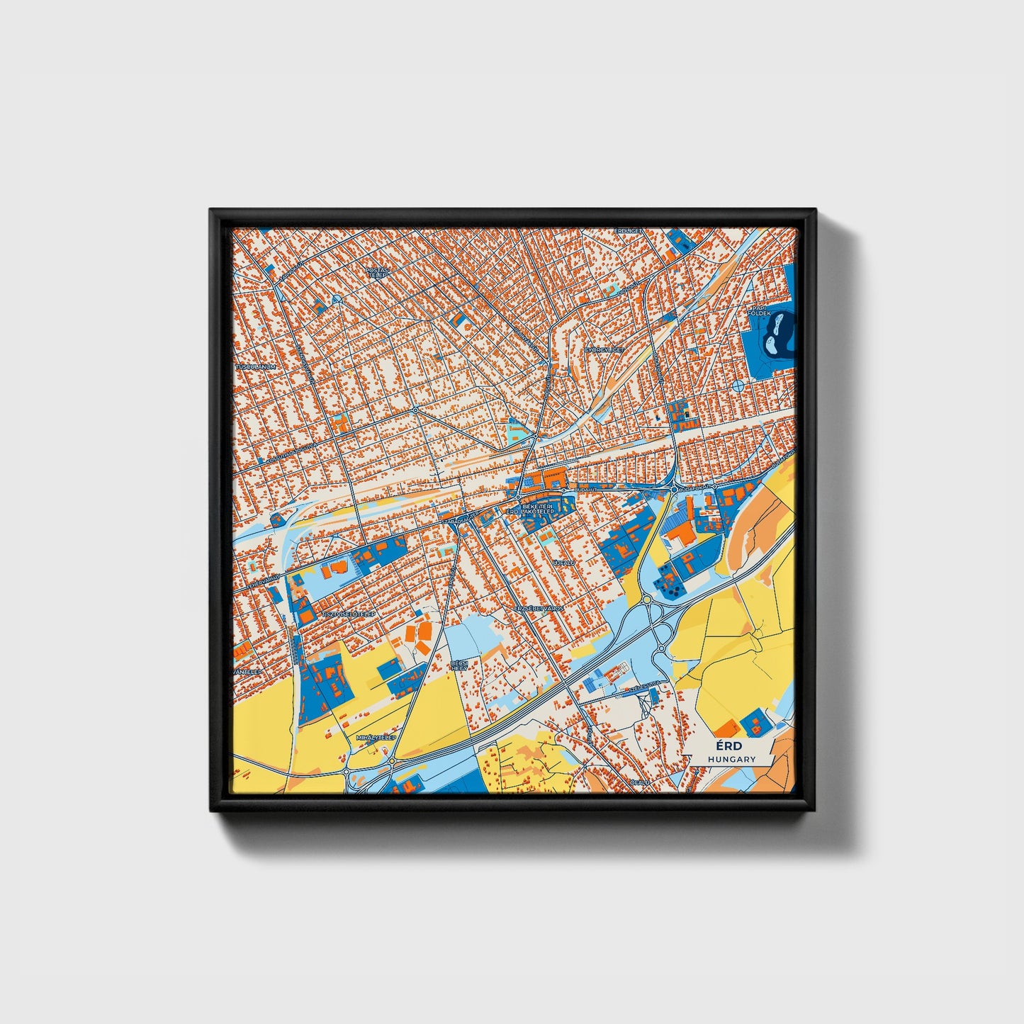 Érd Hungary Colorful City Map Canvas Print • Black Framed
