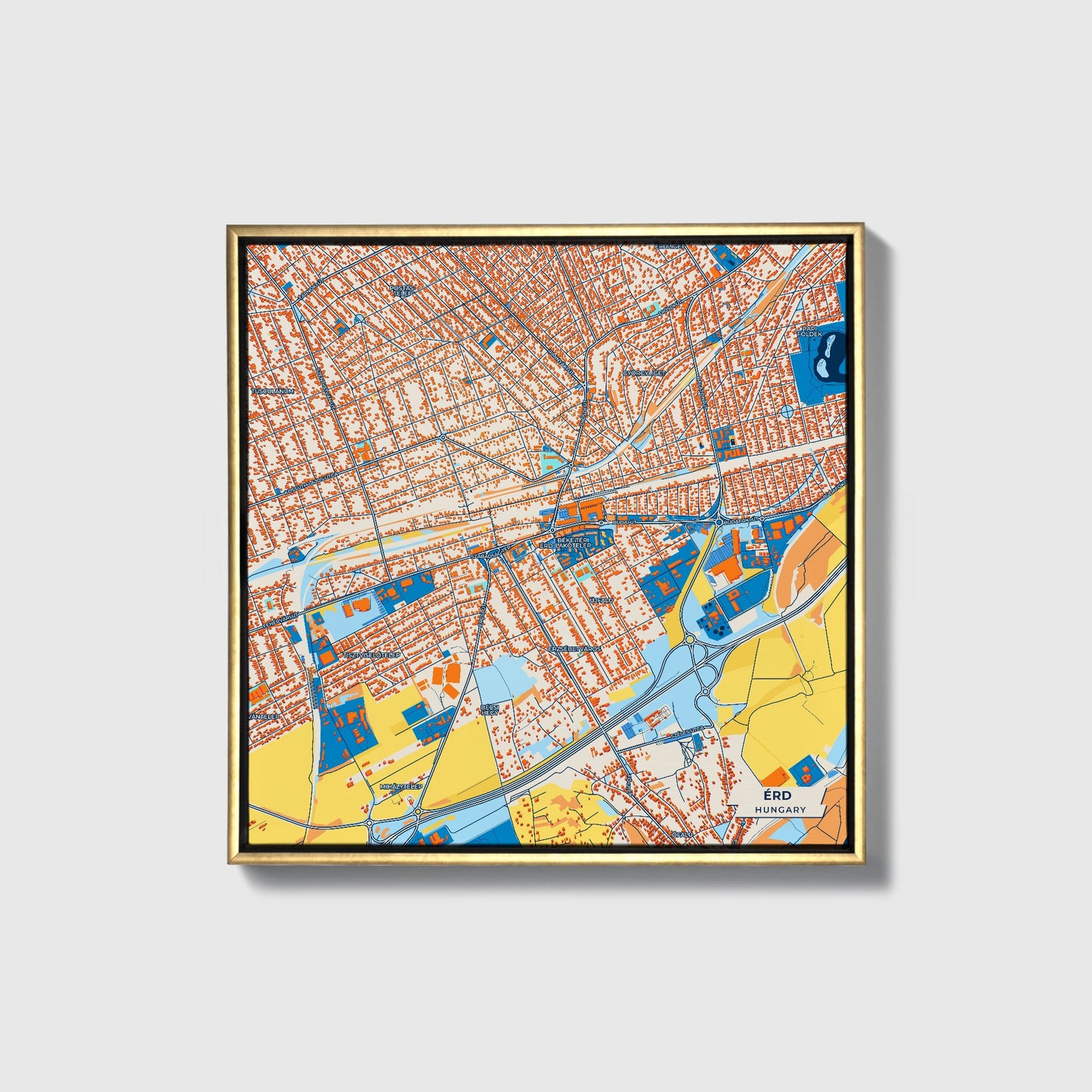Érd Hungary Colorful City Map Canvas Print • Gold Framed