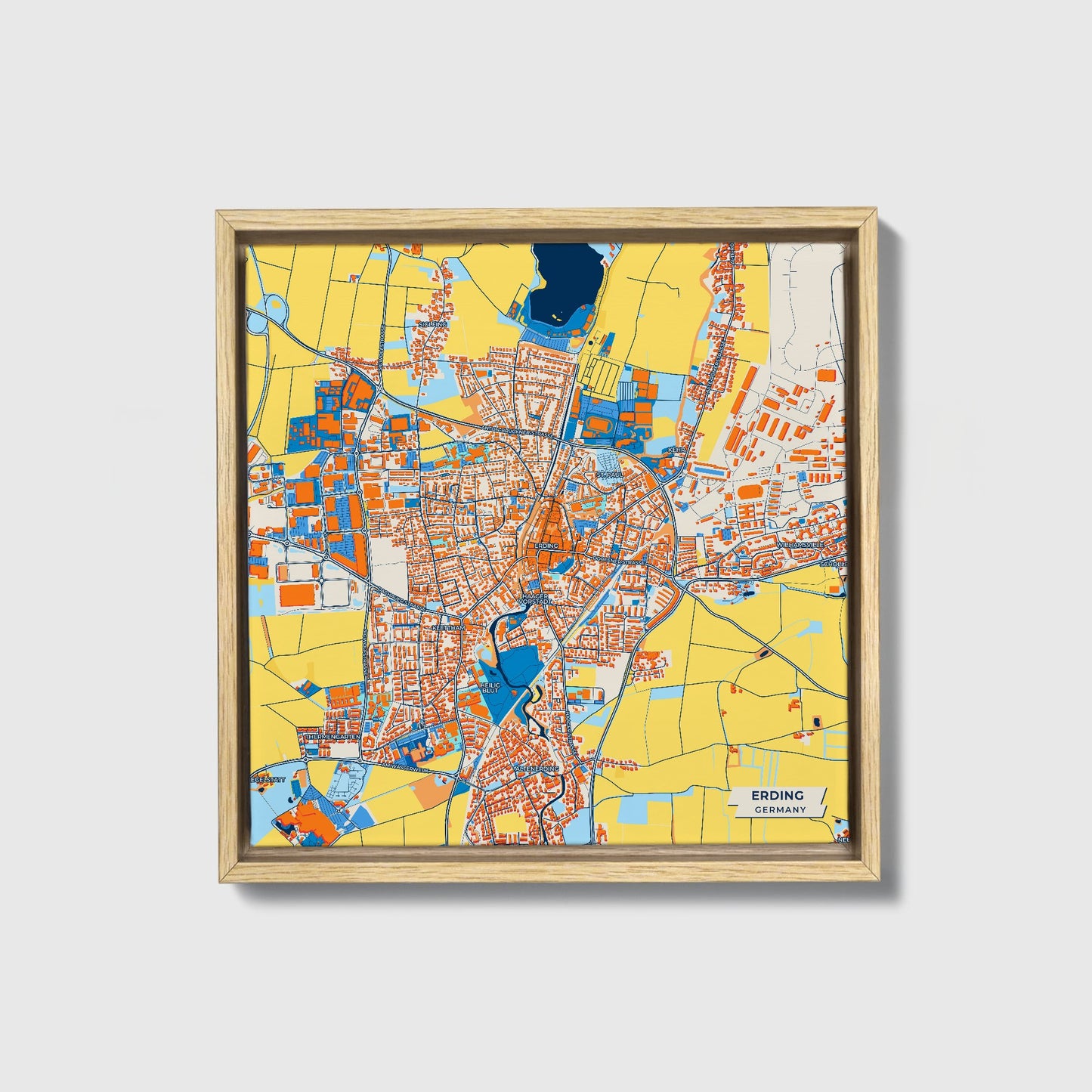 Erding Germany Colorful City Map Canvas Print • Natural Wooden Framed