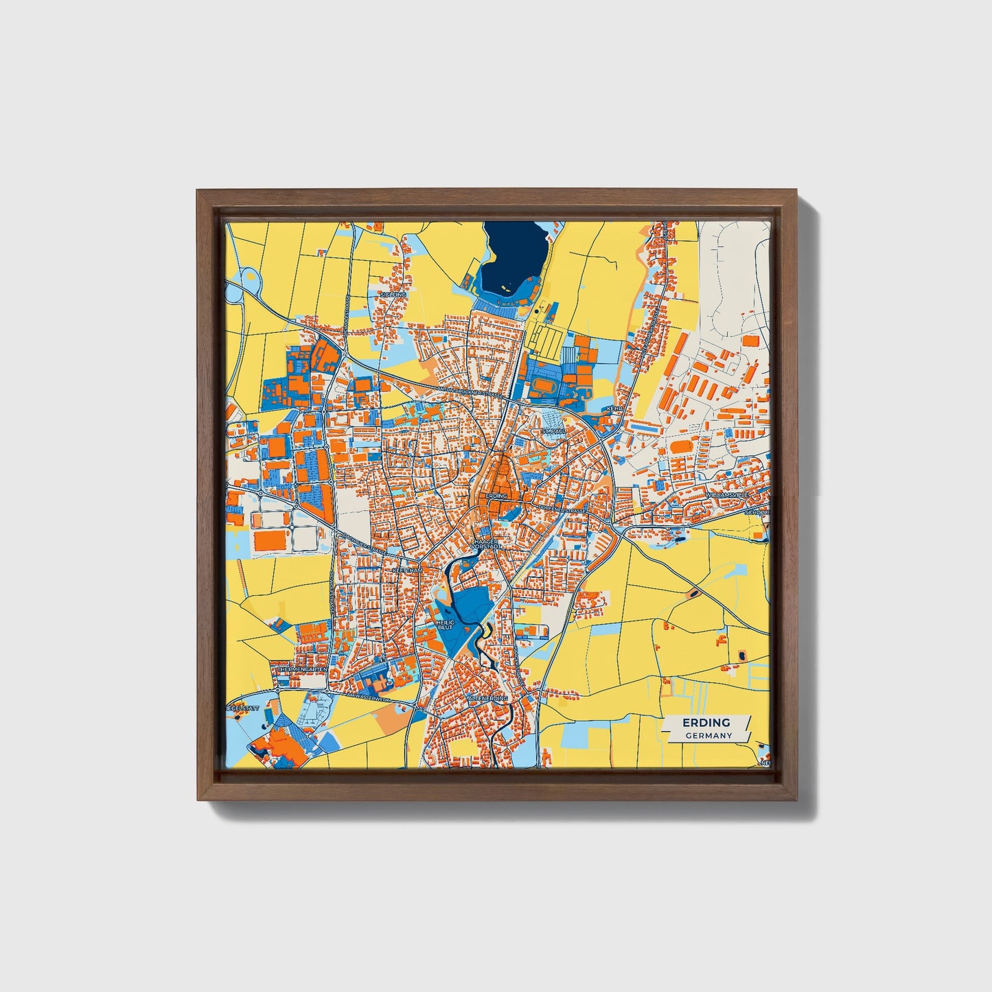 Erding Germany Colorful City Map Canvas Print • Dark Wooden Framed