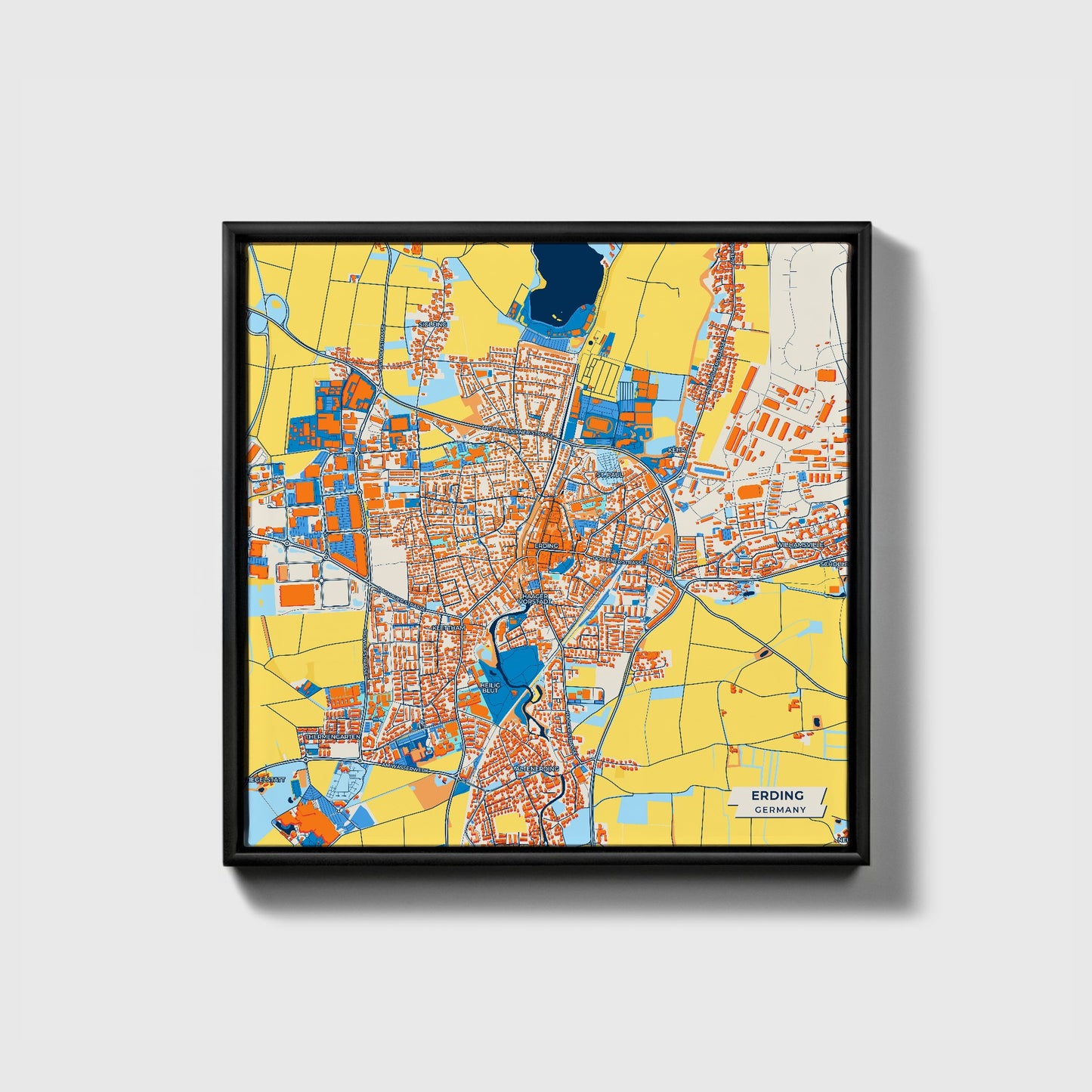 Erding Germany Colorful City Map Canvas Print • Black Framed