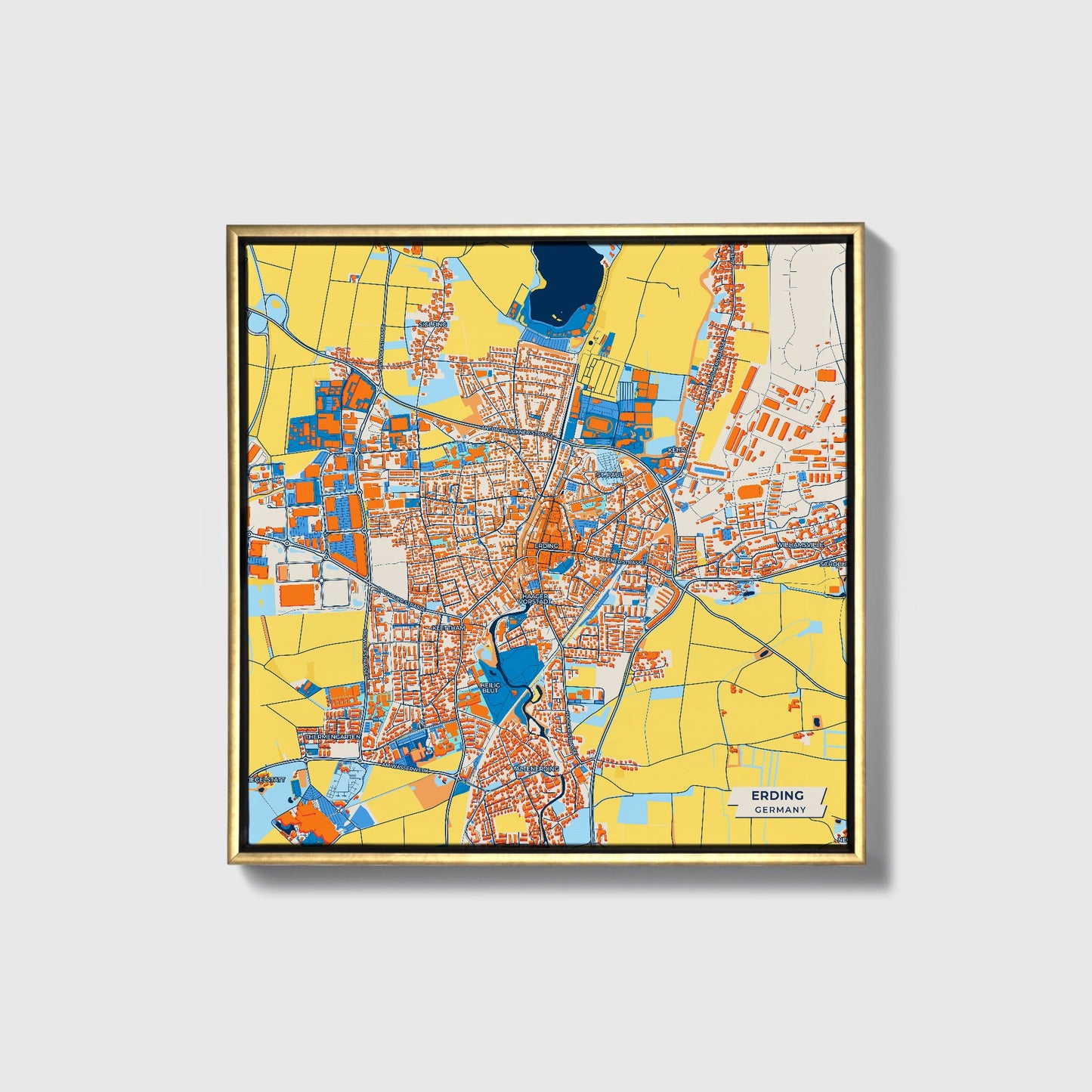 Erding Germany Colorful City Map Canvas Print • Gold Framed