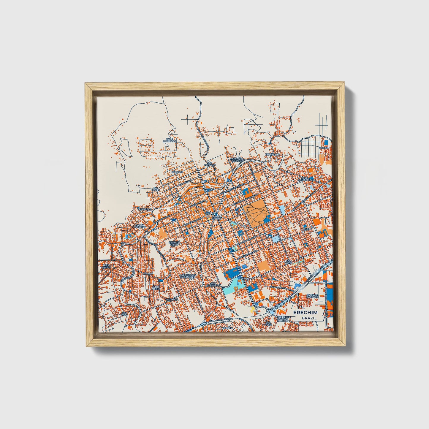 Erechim Brazil Colorful City Map Canvas Print • Natural Wooden Framed