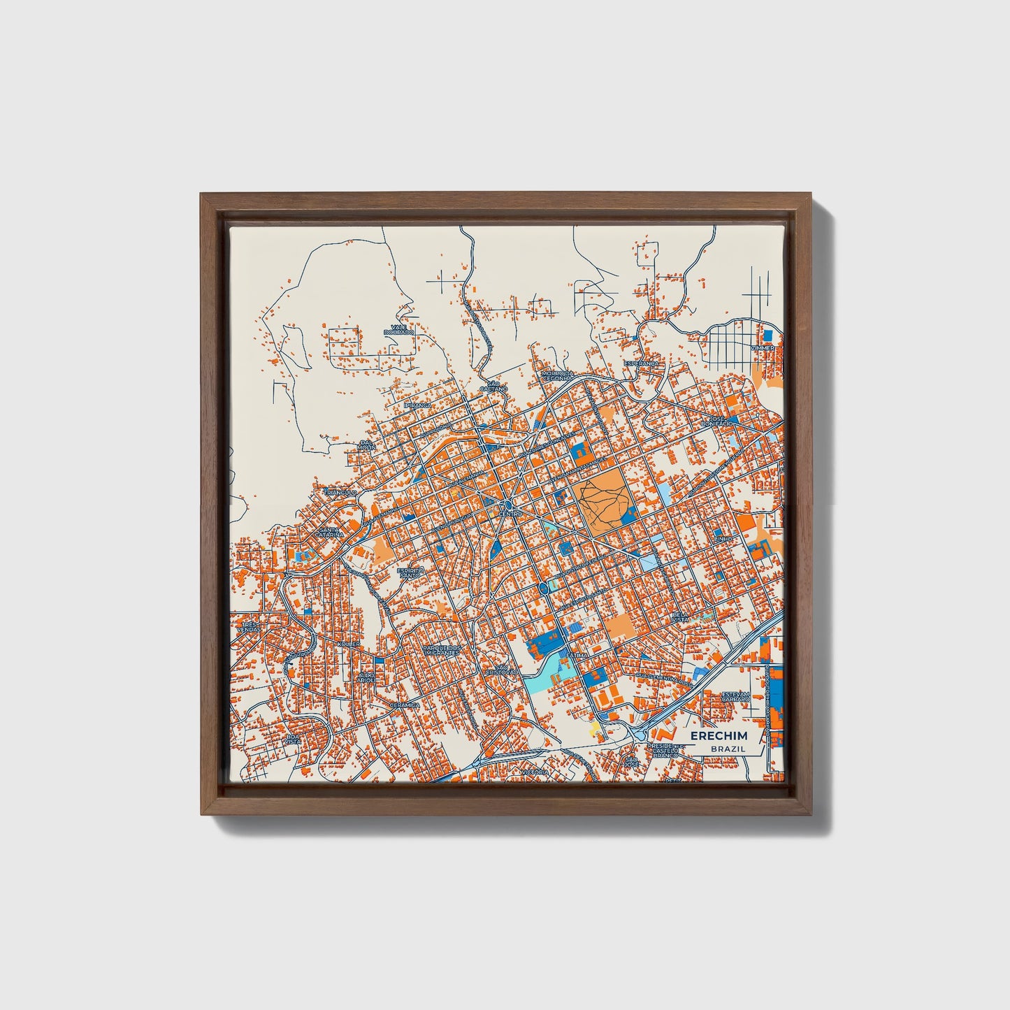 Erechim Brazil Colorful City Map Canvas Print • Dark Wooden Framed