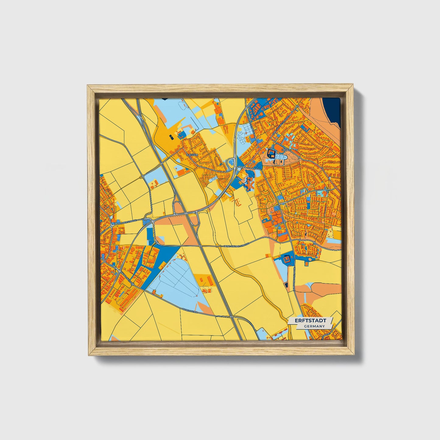 Erftstadt Germany Colorful City Map Canvas Print • Natural Wooden Framed