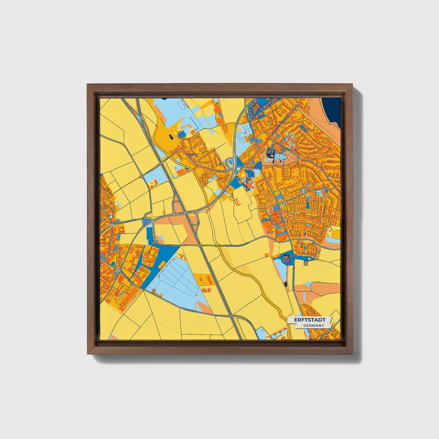 Erftstadt Germany Colorful City Map Canvas Print • Dark Wooden Framed