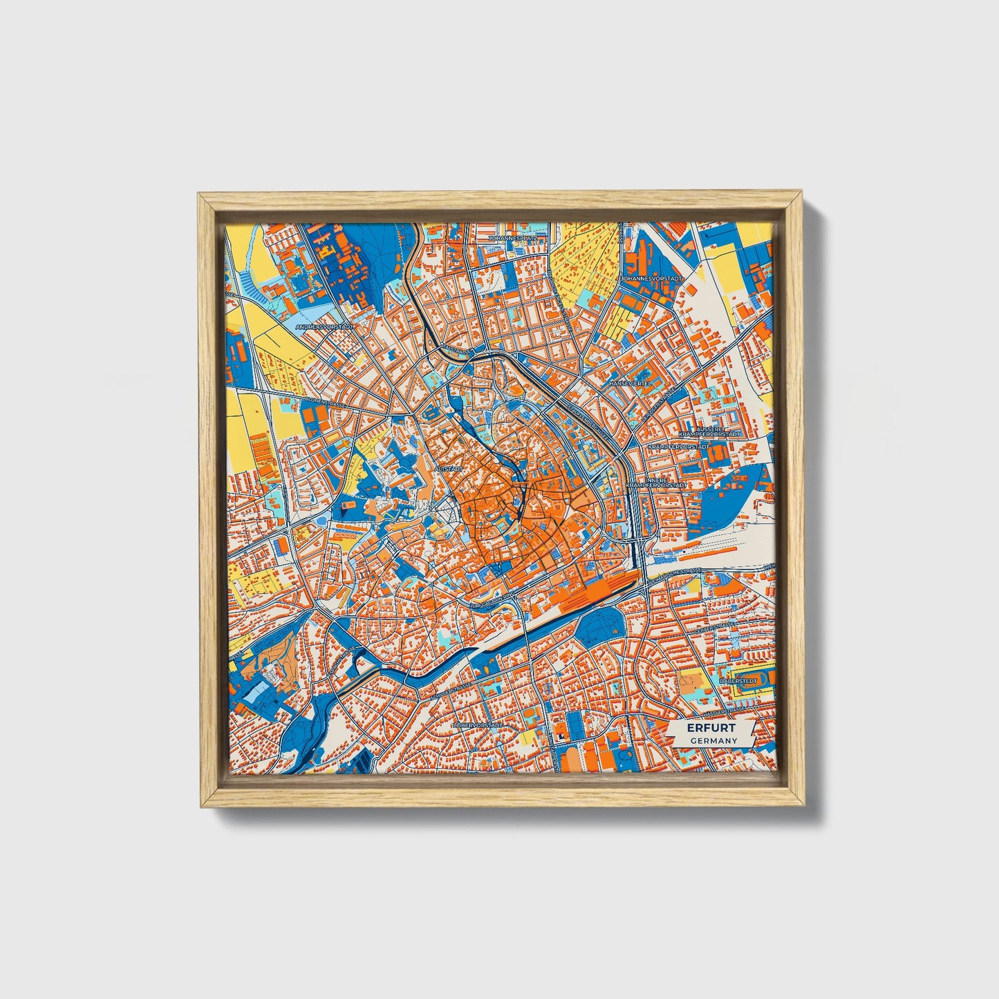 Erfurt Germany Colorful City Map Canvas Print • Natural Wooden Framed