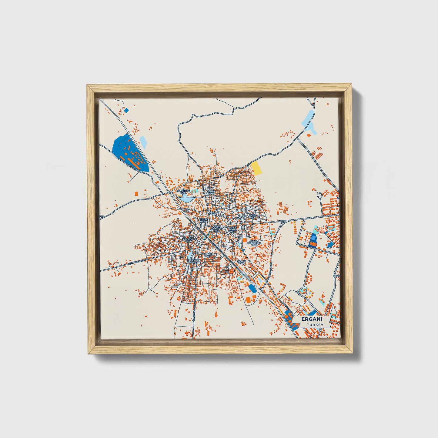 Ergani Turkey Colorful City Map Canvas Print • Natural Wooden Framed
