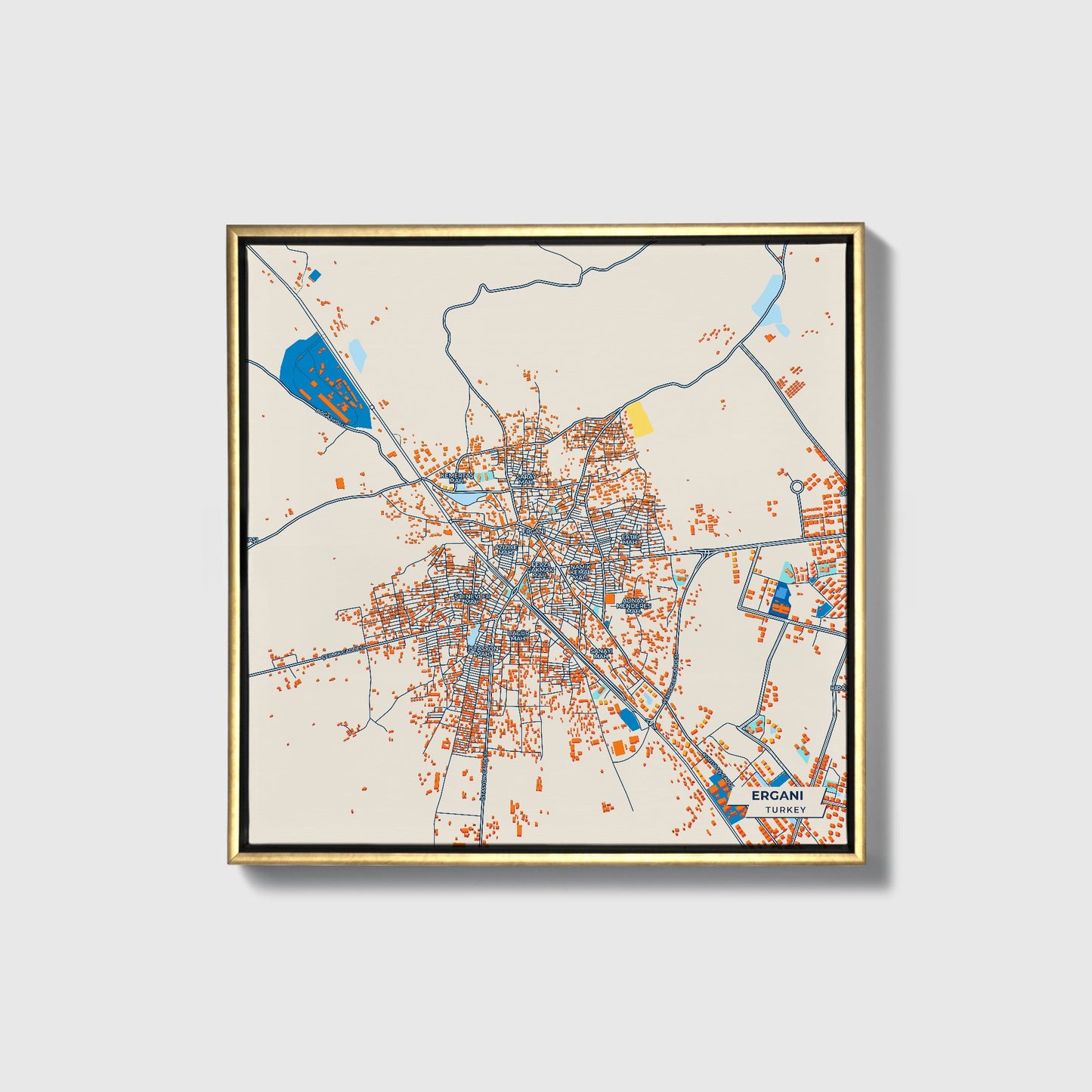 Ergani Turkey Colorful City Map Canvas Print • Gold Framed