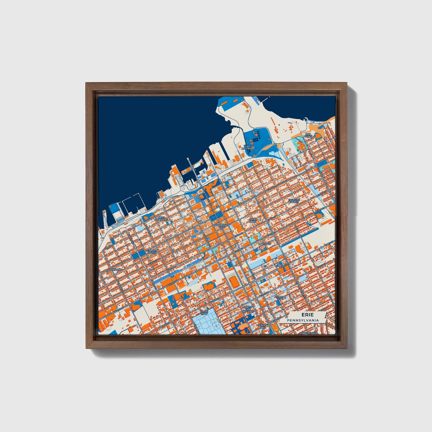 Erie Pennsylvania Colorful City Map Canvas Print • Dark Wooden Framed