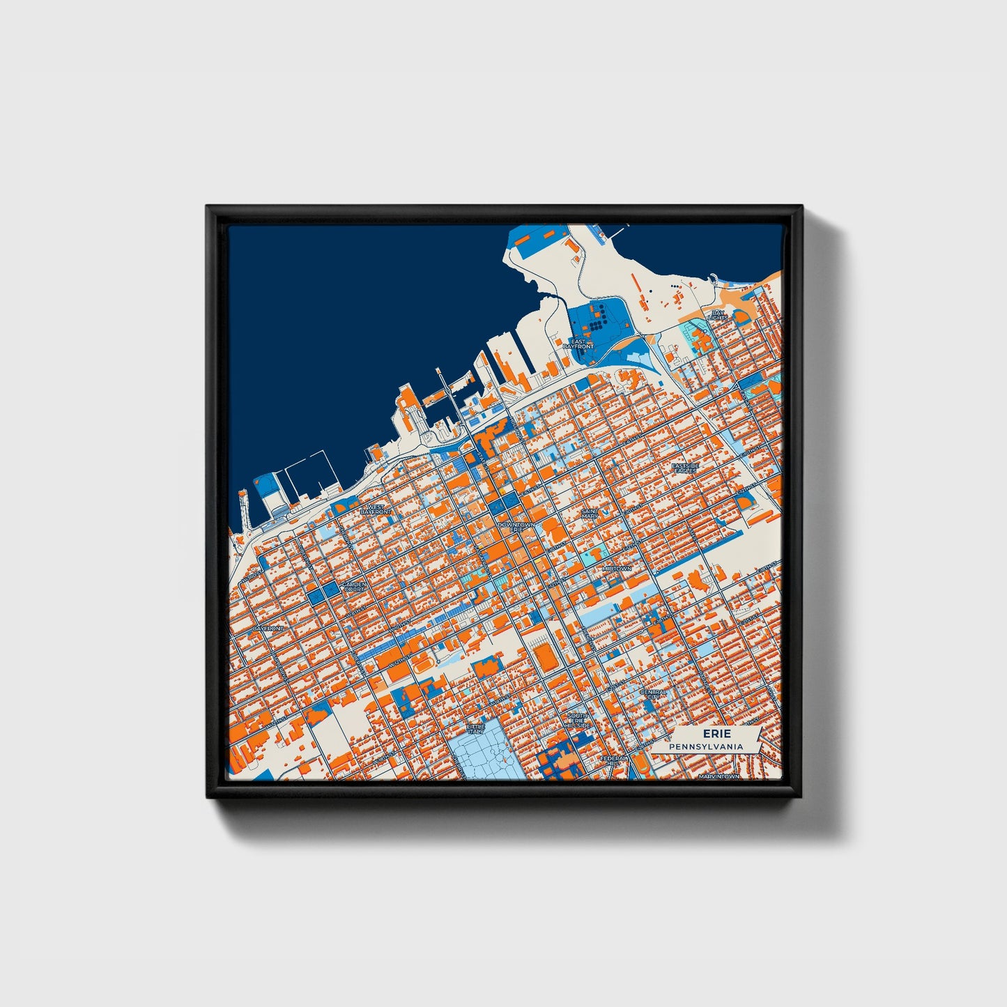 Erie Pennsylvania Colorful City Map Canvas Print • Black Framed